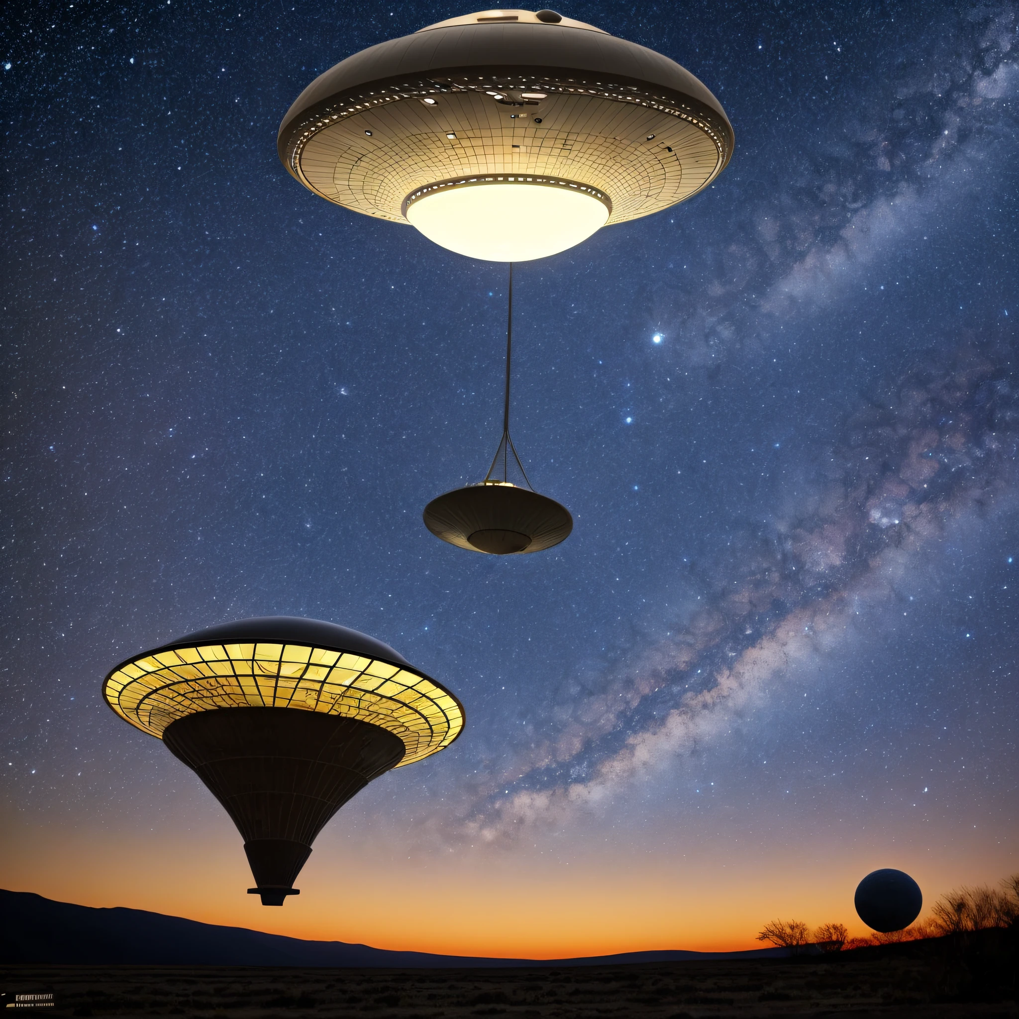 alien spaceship, disc shaped, area 51 style, flying over the Moon, starry sky --auto