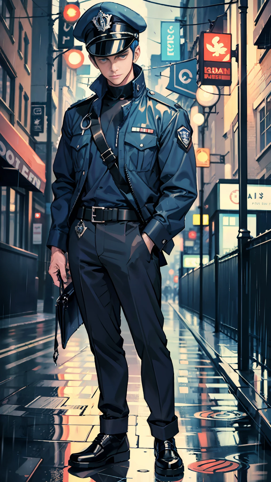 Vertical scene, full body shot, a man in a dark blue uniform, standard hat, night, rain, smooth streets of London after a downpour