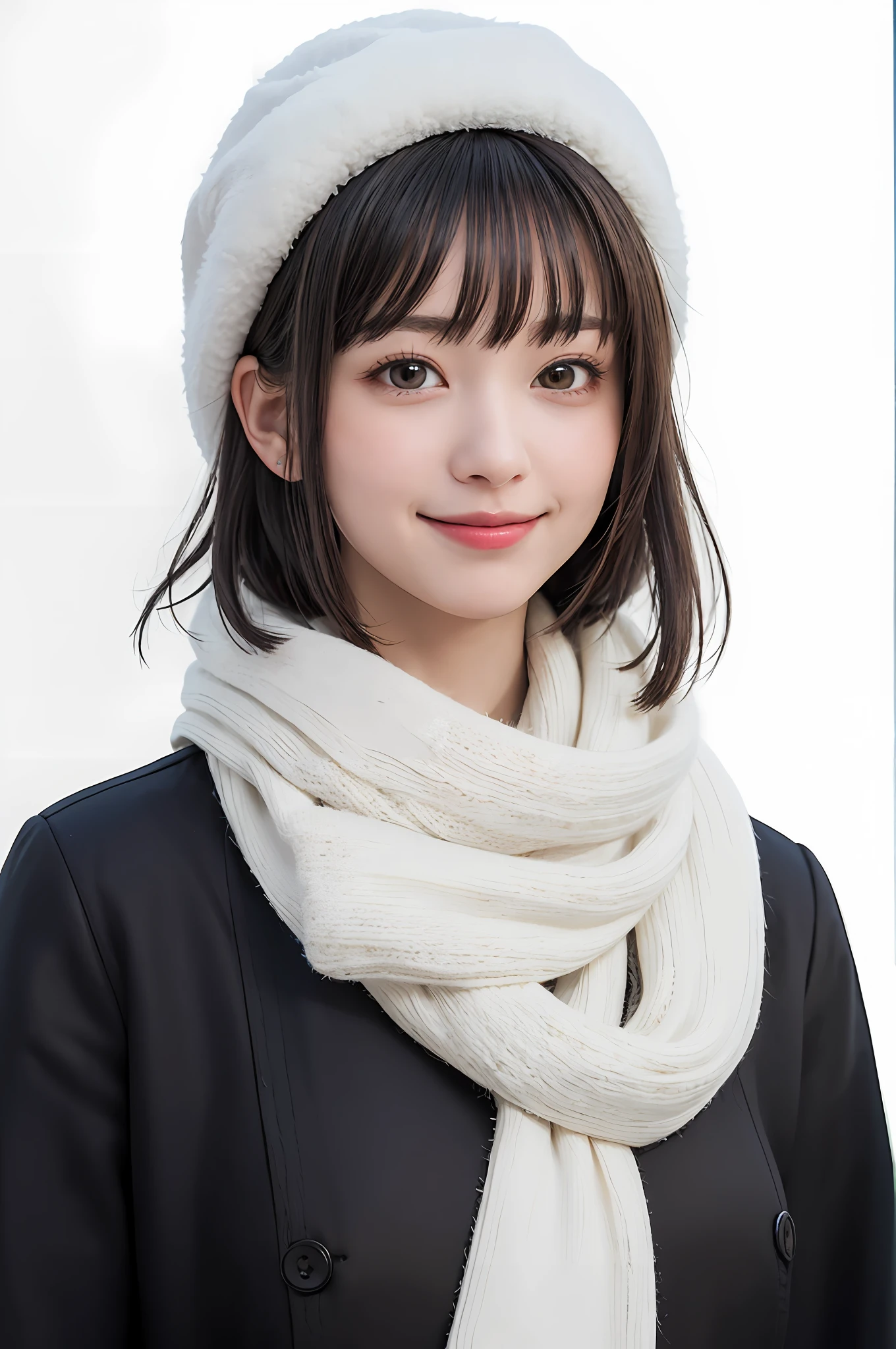 (masterpiece, best quality),1 girl, solo, black hair, scarf, hat, real, real, look at viewer, black eyes, short hair, brilliant coat, winter clothes, white scarf, lips, bangs, outdoors, closed mouth, upper body, big eyes, eyelashes, ((really nothing background, really immaculate white background)), (short hair with bangs, big eyes, big breasts, staring at the viewer, cute beauty, Beautiful beauty, ears out, long neck, smile a little, close your mouth and smile)))