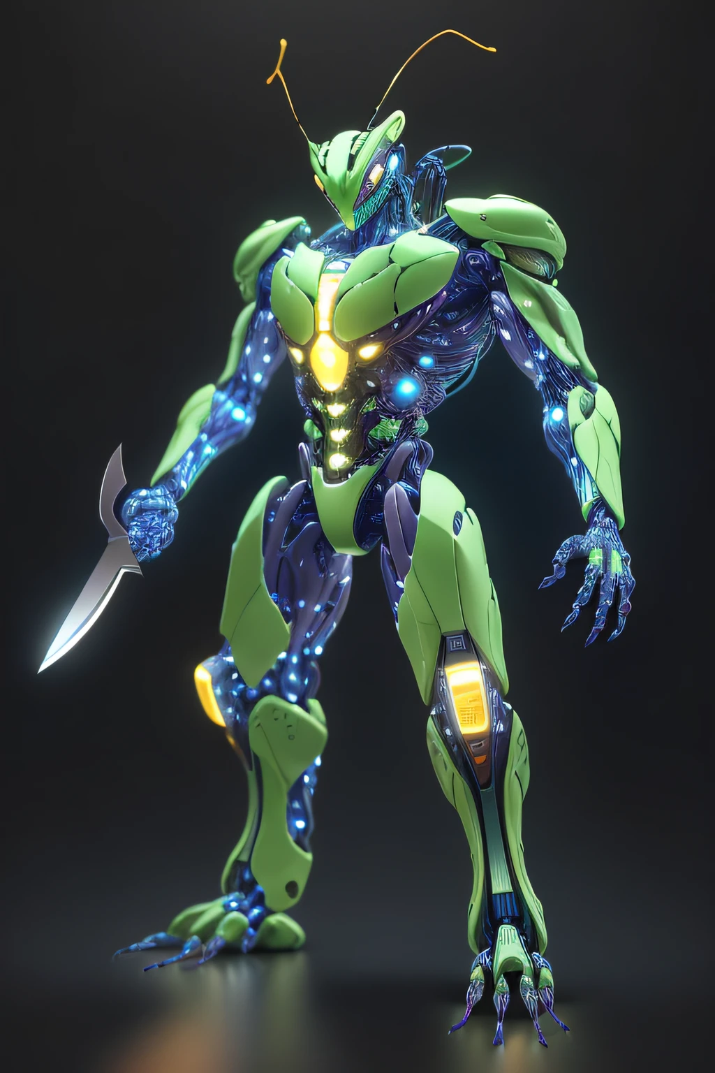 A praying mantis monster, full body, knife in hand, cybernetic eye, SC3PT4 style, transparent, digital,