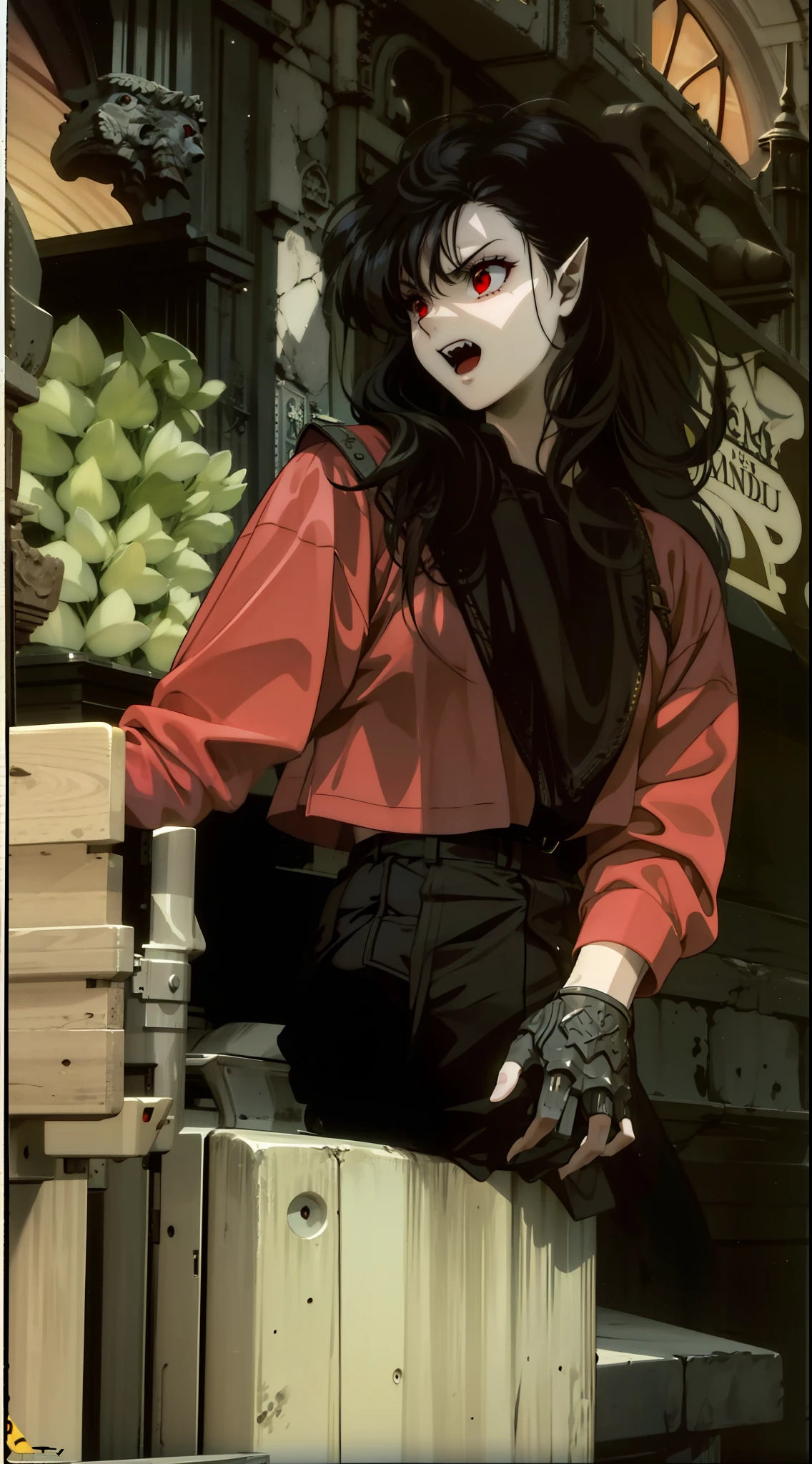 Girl,pointy ears,red eyes,dressed in armor,vampire,4k,black hair