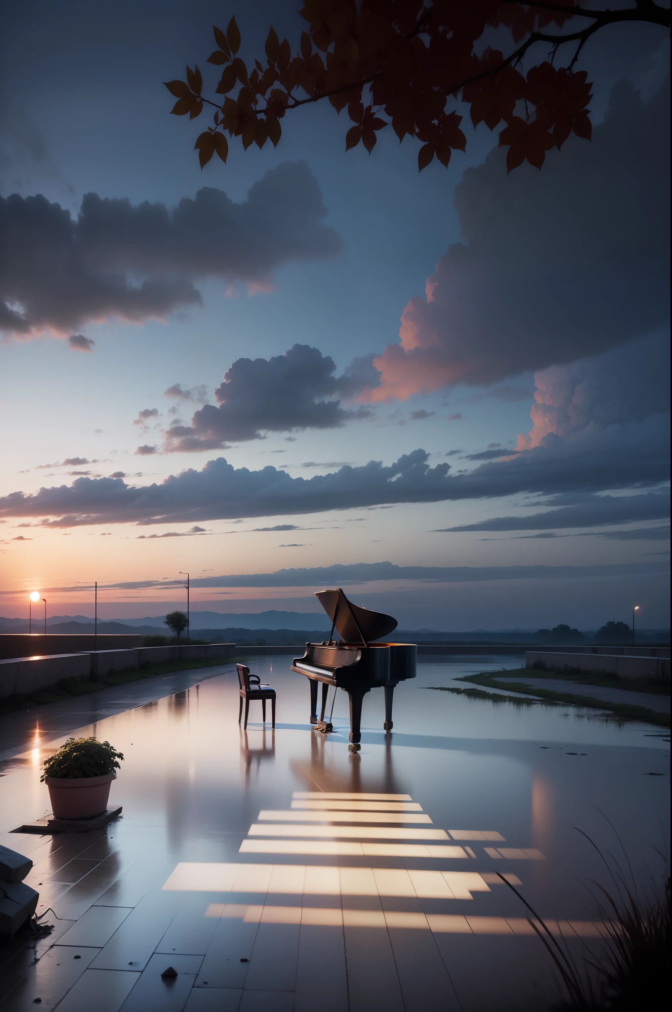 At night, photos taken with Sony A7R, piano, peaceful night atmosphere, after rain, movie rendering, advanced light and shadow --auto