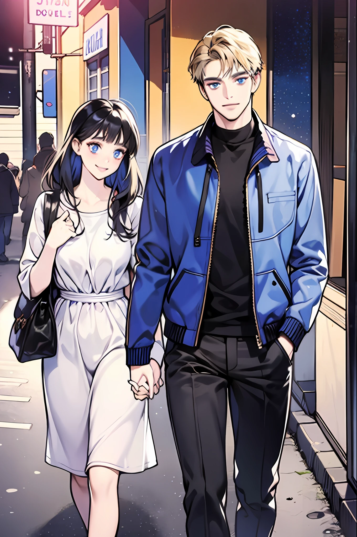 masterpiece, best quality, 2others, couple, 1man with 1woman, mature, adult, Height difference, different fashion, different color, finely detailed eyes and detailed face, intricate details, casual clothes, oversized shirt, modern urban street, holding hands, smile, happy, love, blonde hair man, dark blue hair girl, blue eyes man, purple eyes girl