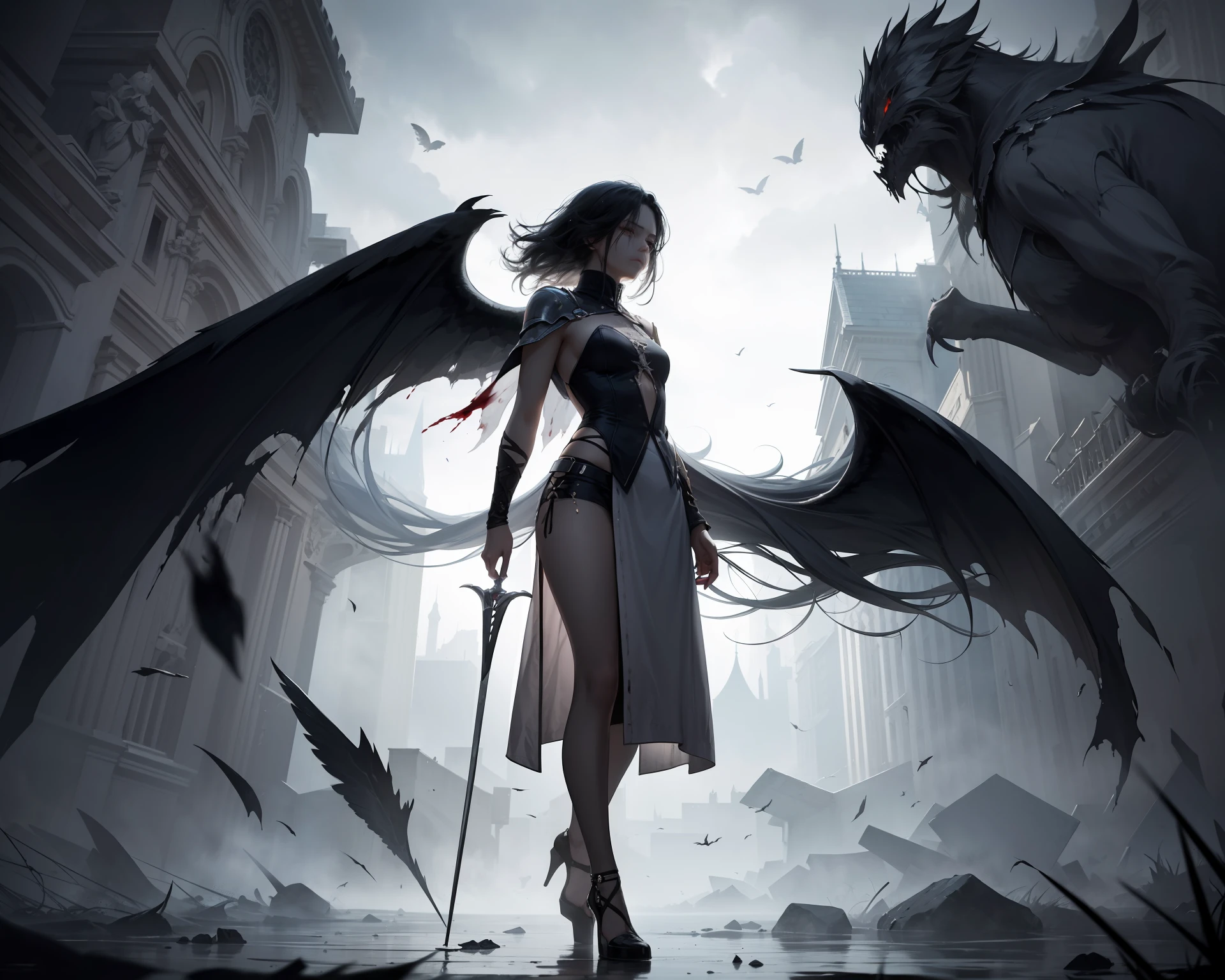 A full-body portrait of a girl wearing a white cloak, set in a scene of loneliness and darkness. The atmosphere is oppressive, as if weighted down by the burdens she carries. Her face is partially obscured as she gazes away, her expression reflecting a sense of solitude and melancholy. Her hair is disheveled and dirty, embodying the unkempt nature of her journey. The cloak is stained with blood, symbolizing the struggles she has endured. Behind her, ghostly wings emerge, ethereal and blurred, representing her shattered dreams and aspirations. In her hand, she holds a broken sword, a stark reminder of battles fought and lost. The overall composition portrays a haunting image of a forsaken soul in a desolate world. Executed with dark and muted tones, evoking a somber and introspective mood.