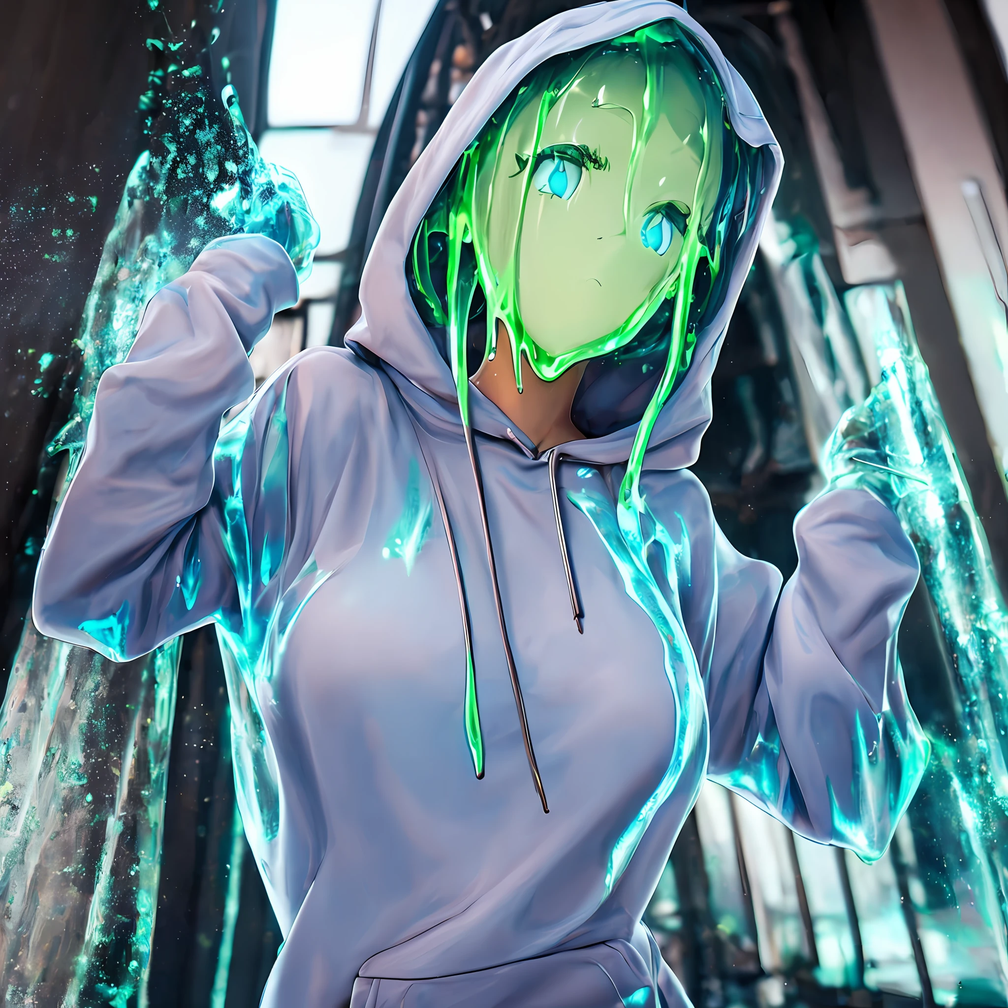 ,1girl,(slime girl), viscous blue skin,high quality,(((slime sports sweatshirt))),translucent body, transparent skin, --auto