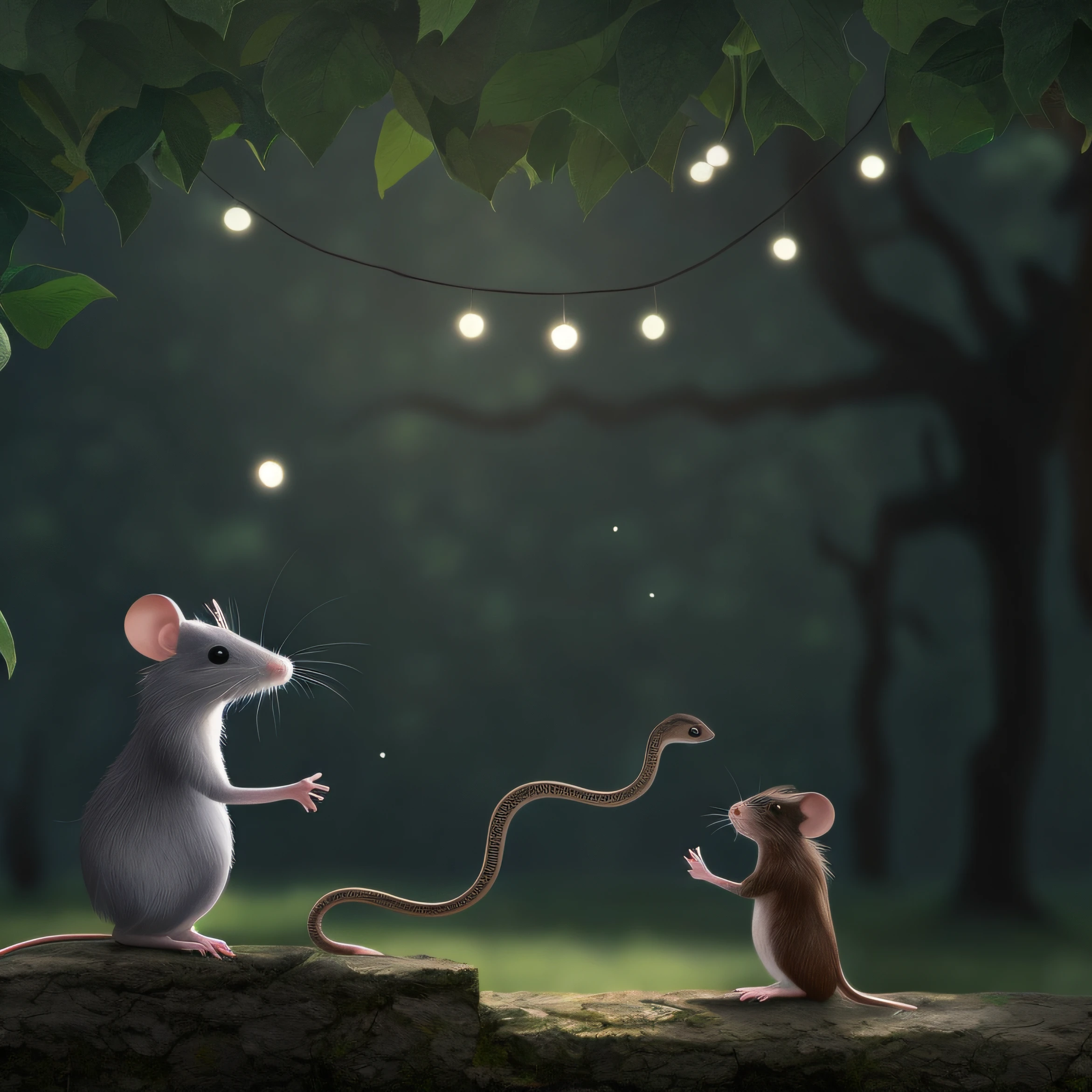 A  mouse talking to a snake with the forest of Funto