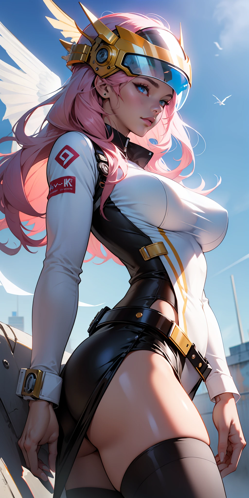 ((ultra high resolution 8k)) the most beautiful girl, the most beautiful of all, pink lips, Digimon\(Angewomon\), transparent fiber helmet, transparent blue helmet, sexy outfit,\(angewomon\),1girl,solo,large_breasts, steampunk