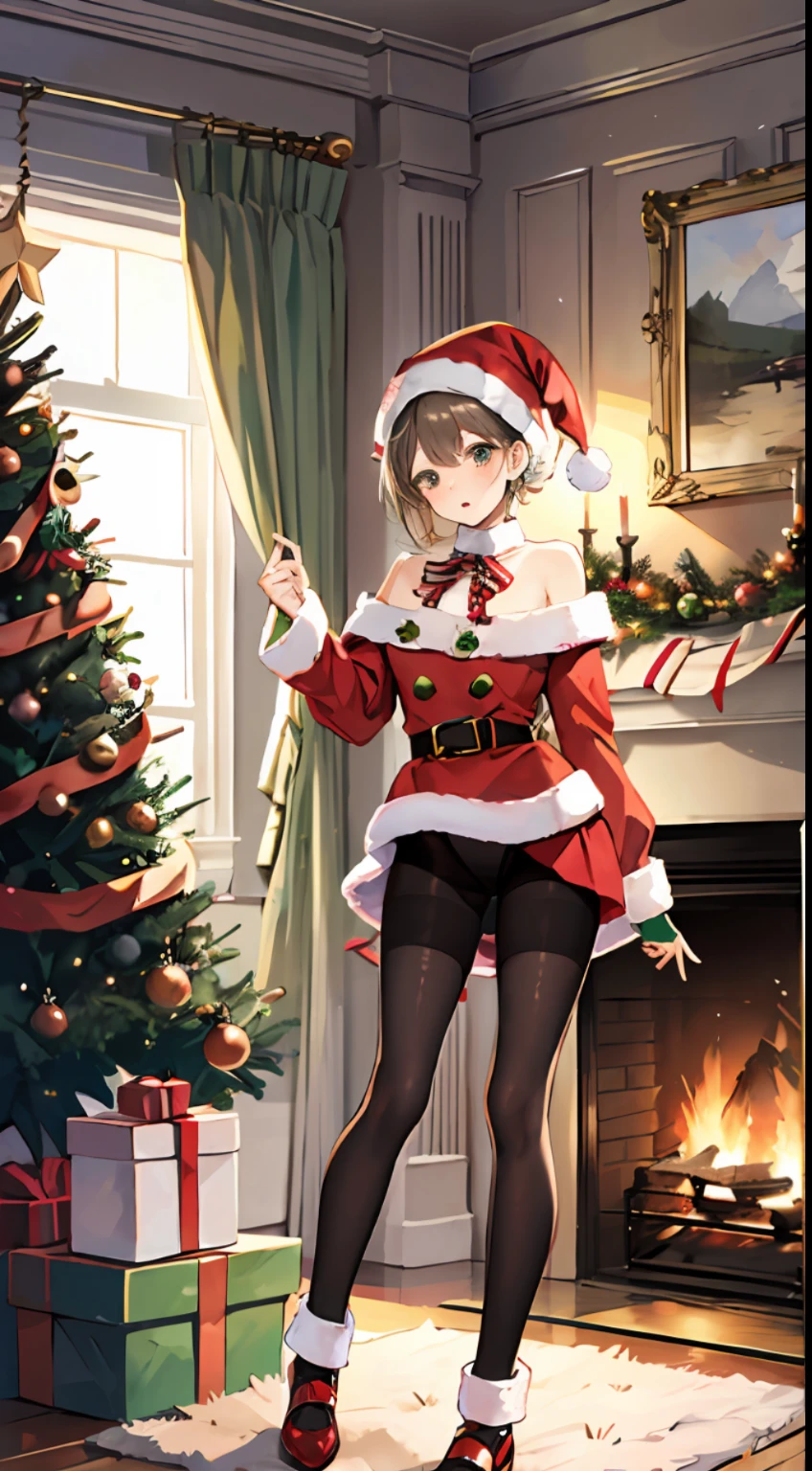 Home, Christmas tree, gift box, gift, fireplace, young beauty, naked, pantyhose, Christmas hat, ribbon on body,