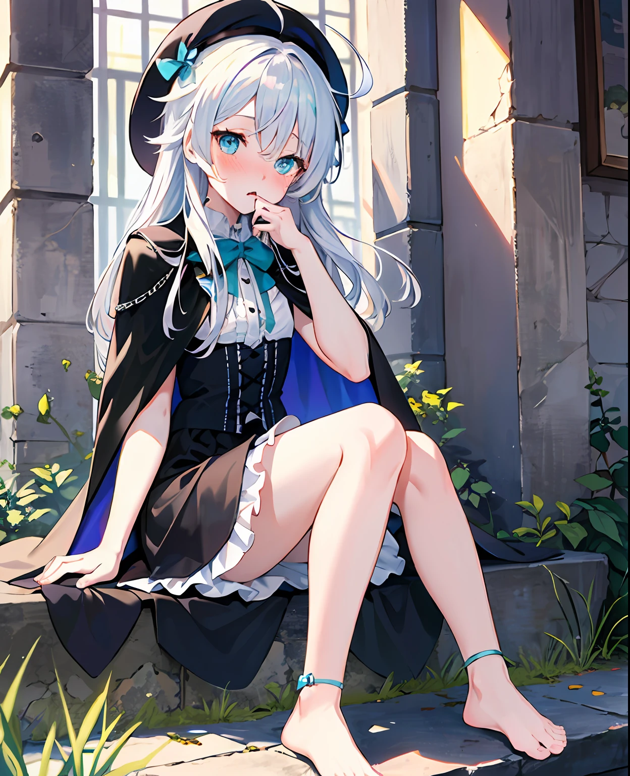 masterpiece, best quality, against backlight at dusk, 2girls, doll, ahoge, hair over shoulder, white hair, aqua eyes, nose blush , blue eyes, hat, cape, gothic_lolita, barefoot, beret, hand_to_mouth,