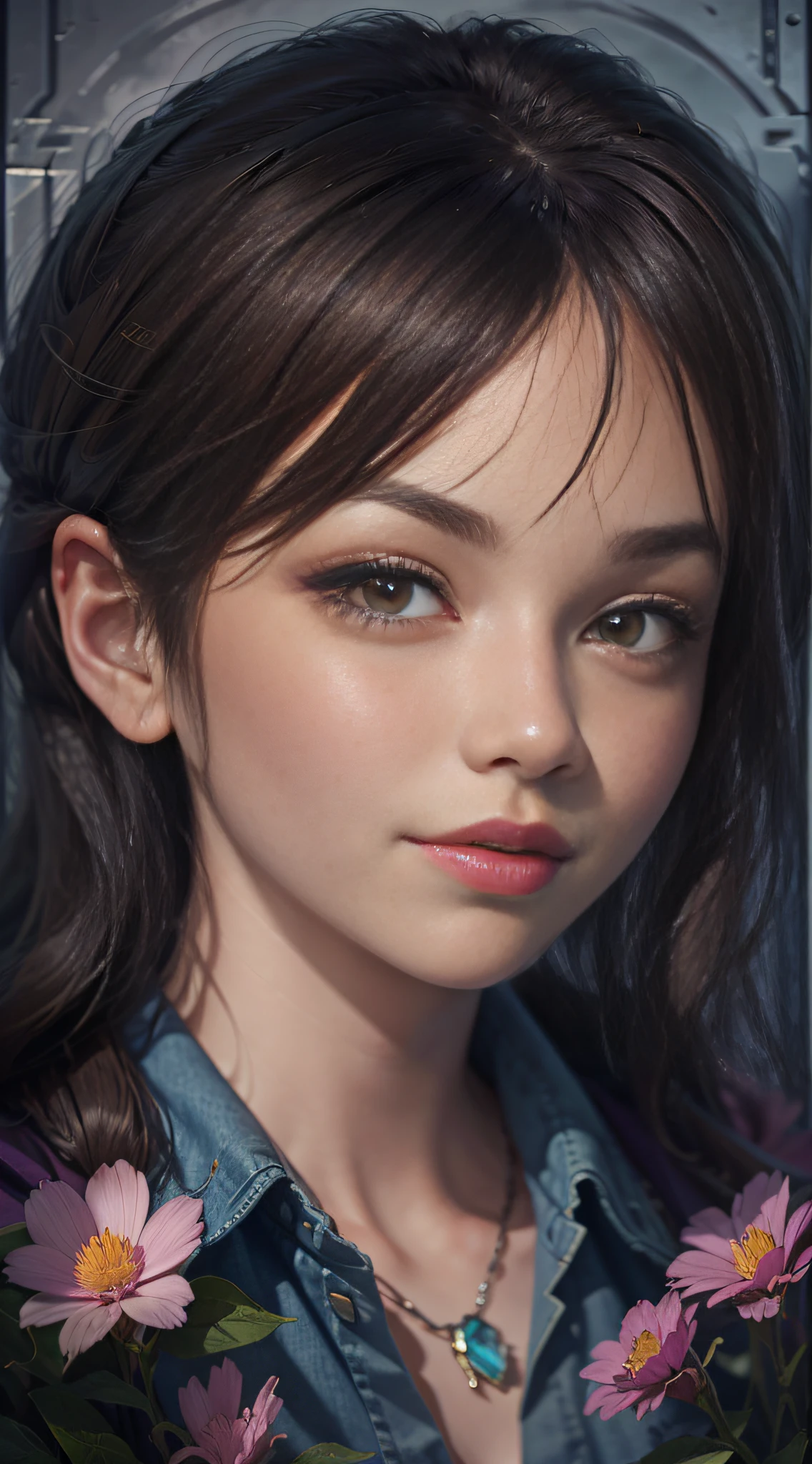 Flowers have reopening day, no more youth, surrealist female portraits by David Hockney and Alphonse Mucha, fantasy art, photorealism, dynamic lighting, artstation, poster, volumetric lighting, very detailed faces, 4k, award-winning, 1girl, in the dark, deep shadows, low-key, denim photos, (formal wear: 1.4), long hair, gray hair,