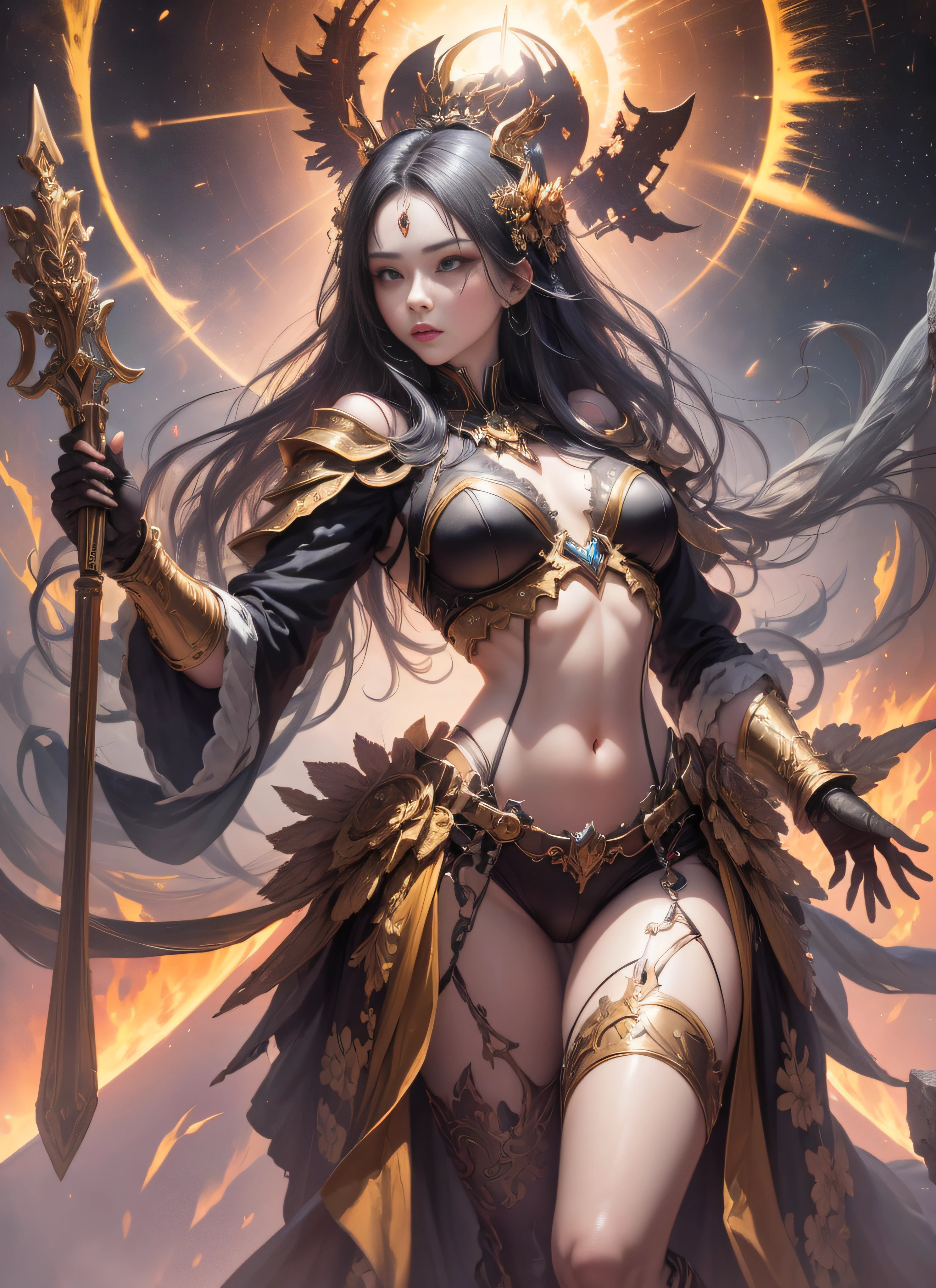 1girl, beautiful empress of the sun, detailed eyes, detailed face, detailed skin, mature body, tall body, seductive body, medium large chest, medium thigh, desert BREAK and pyramid bottoms, holding only a holy sun scepter, phoenix dragon in the sky, highly saturating sun rays, holy ceremony, angelic halo, dazzling golden and orange spark around, sacred magic circle, golden crown, golden majestic lightning, best quality, masterpiece, trend in art station, BREAK, detailed, realistic, highly detailed digital art 8k, octane rendering, bioluminescent, concept art resolution BREAK 8K, realism, by studios Mappa, masterpiece, best quality, official art, illustration, ligne claire, (cool_color), perfect composition, absurdists, fantasy, focused, full body in attack pose, night sky with clouds, full moon, 8k,