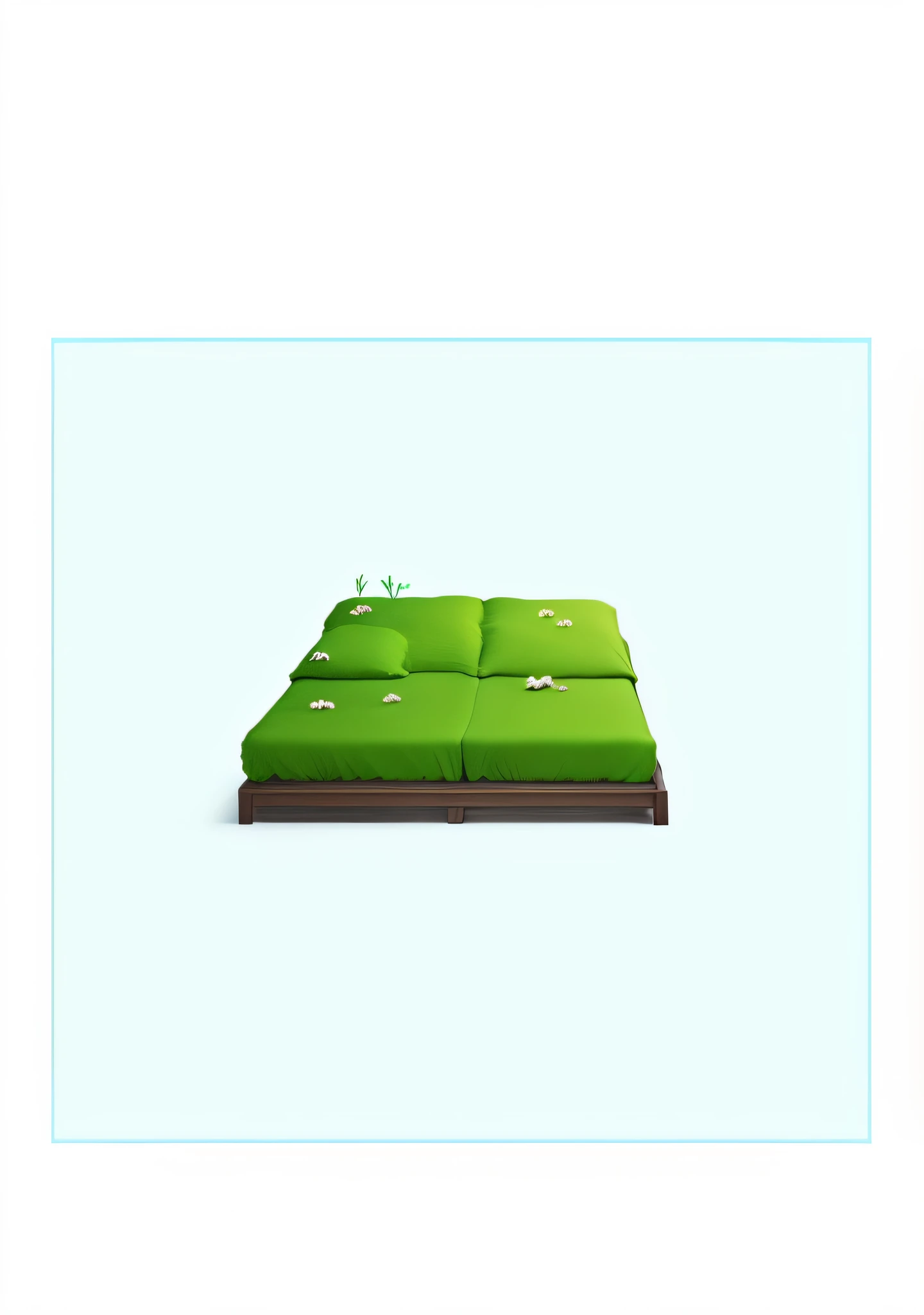 There are four green fields with a green mulch, grass - like, lawn, meadow, (((aquarium bed))), moss, cushion, avocado armchair, artwork, detailed grass, grass, grass, grass, sofa, isometric environment, avocado armchair, bed, couch melted