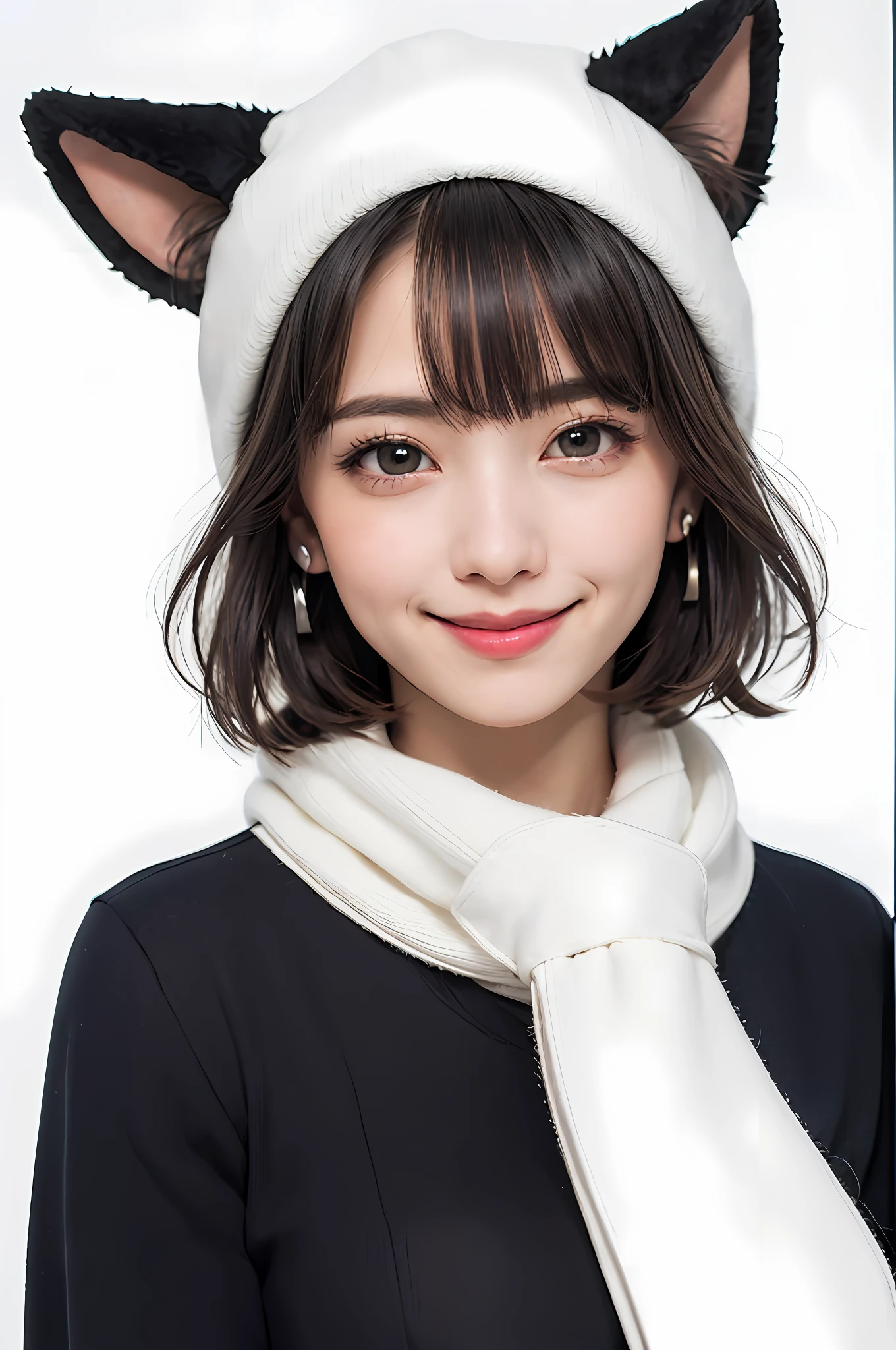 (masterpiece, best quality),1 girl, solo, black hair, scarf, hat, real, real, look at viewer, black eyes, short hair, coat, winter clothes, white scarf, lips, bangs, outdoors, closed mouth, upper body, big eyes, eyelashes, (((really nothing background, really pure white background)), ((big eyes, big breasts, short hair with bangs, staring at viewer, cute beauty, beautiful beauty, put your ears out, long neck, happy smile, smile with your mouth closed)))