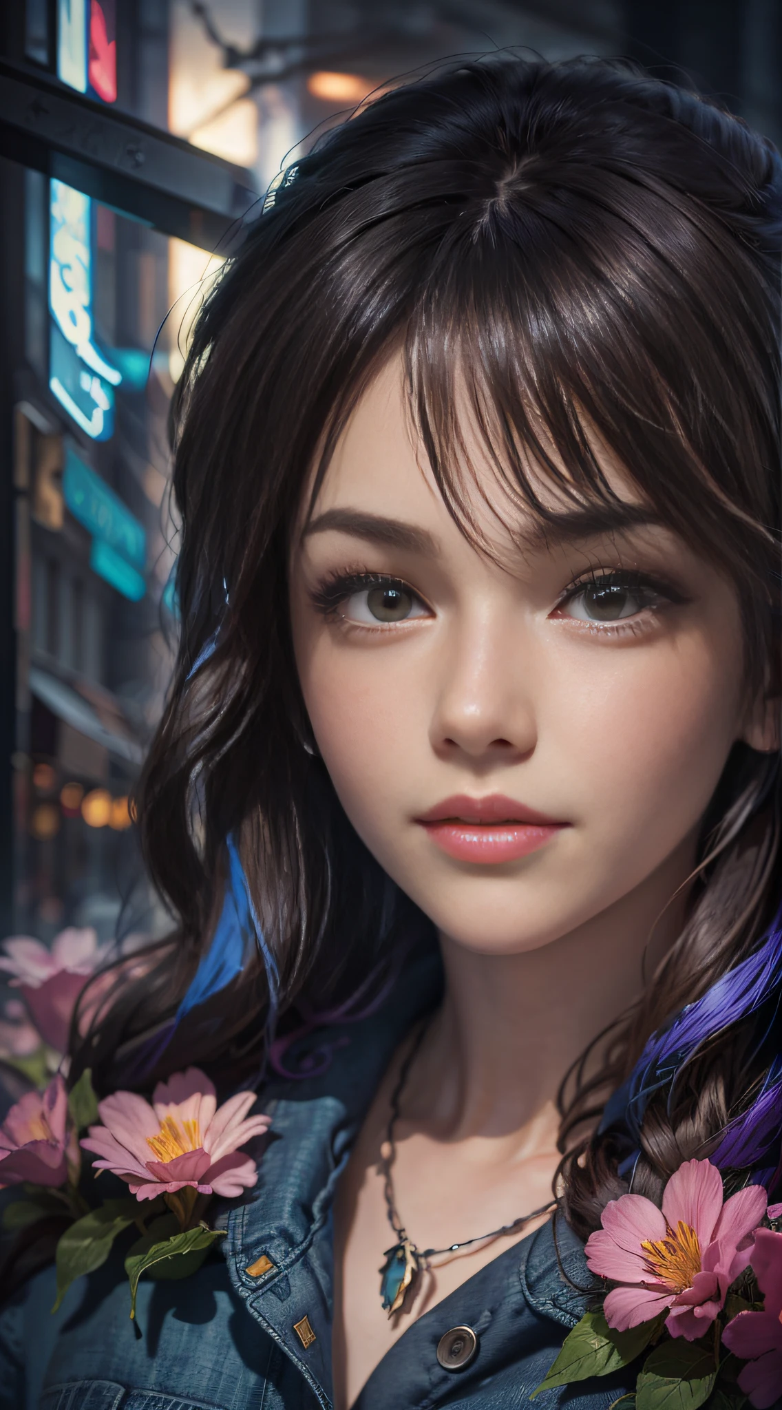 Flowers have reopening day, no more youth, surrealist female portraits by David Hockney and Alphonse Mucha, fantasy art, photorealism, dynamic lighting, artstation, poster, volumetric lighting, very detailed faces, 4k, award-winning, 1girl, in the dark, deep shadows, low-key, denim photos, (formal wear: 1.4), long hair, gray hair,