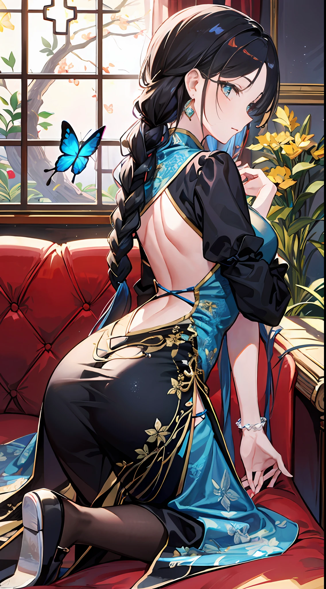 Lazy kneeling on soft sofa, black silk stockings, wife's hairstyle, mature woman, long hair with one-sided twisted braids, blue-tailed butterfly cheongsam, delicate earrings, bright starlight, flushed face, back photo