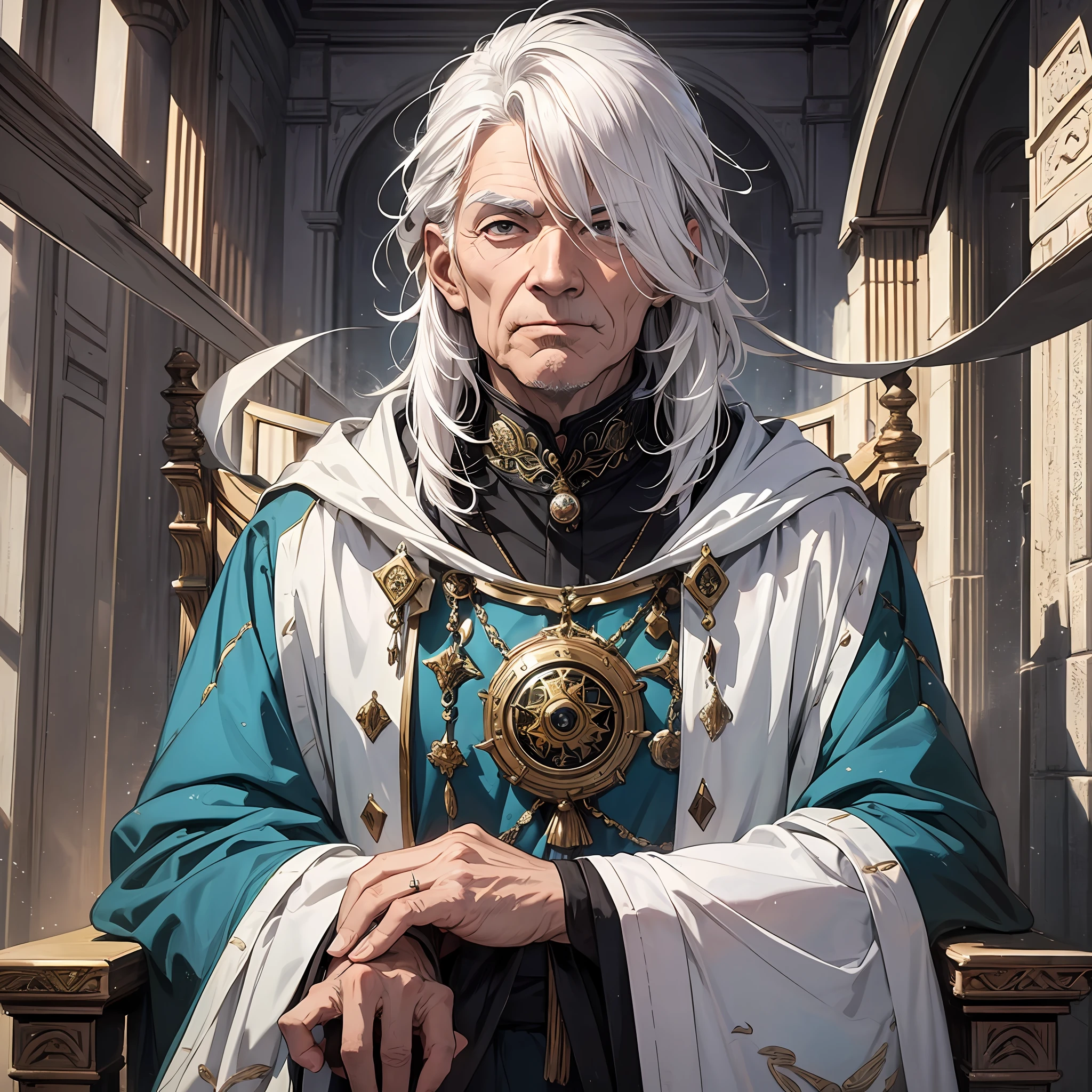 Comics, one, an immortal old man on the front throne in the hall of the temple, white hair, facing head-on, focusing on the character lens, a fantasy city in another world --auto --s2