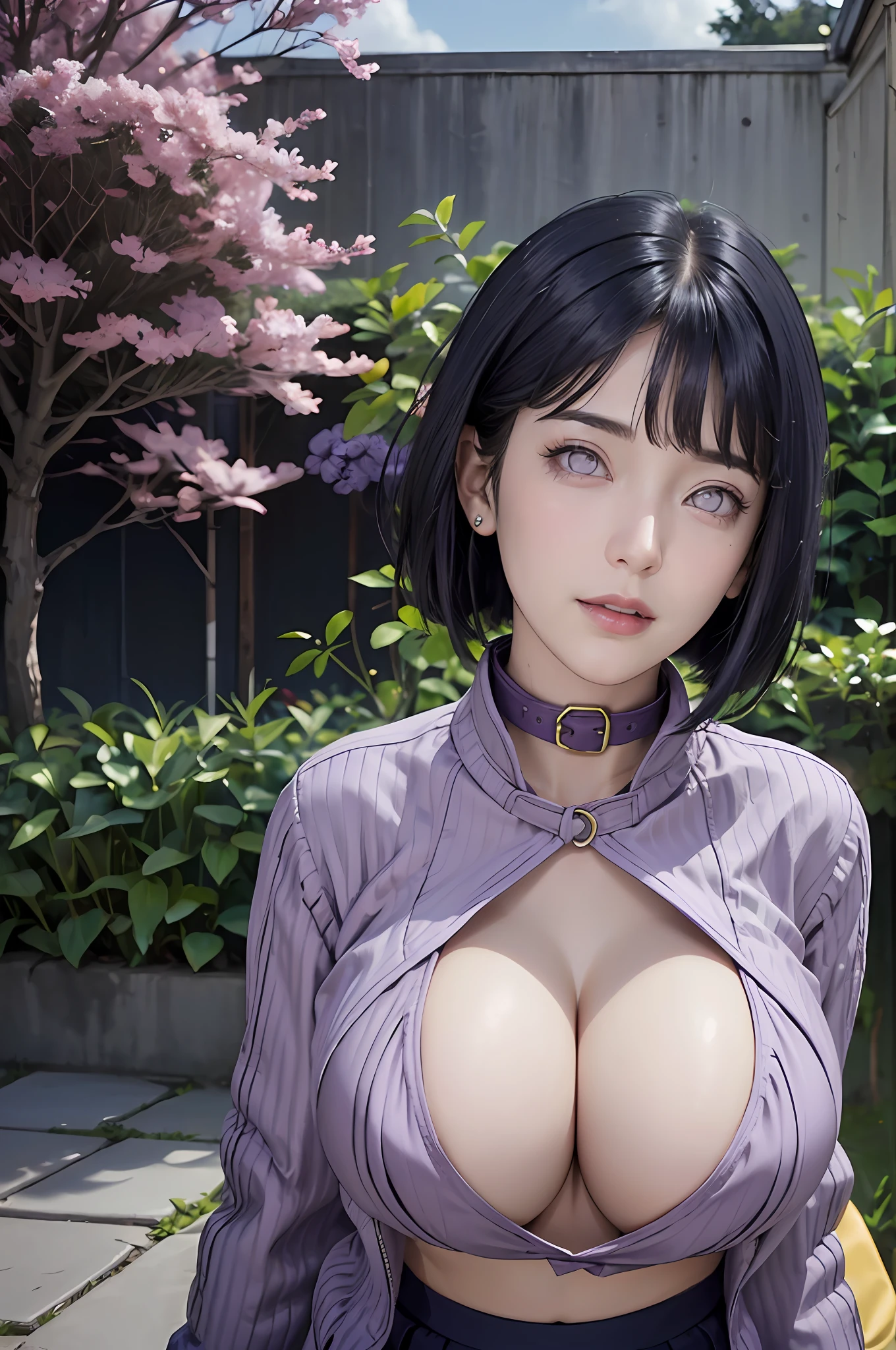 masterpiece, hinata\(boruto\), 1girl, mature female, (((purple jacket and pleated mini skirt))), (garden background), outdoors, (walking in the garden), (shy face), detailed lips, beautiful face, blush, (pink lips), ((short hair)), purple eyes, soft gaze, smile, super realistic, detailed, realistic face and body, realistic hair, realistic eyes, realistic nose, realistic lips, seductive, straight bangs, ((slave collar)), (((dark blue hair))), 28 years old girl, (huge breast:1.5), perfect boobs, (plump boobs), ((stockings)), ((long legs)) --s2