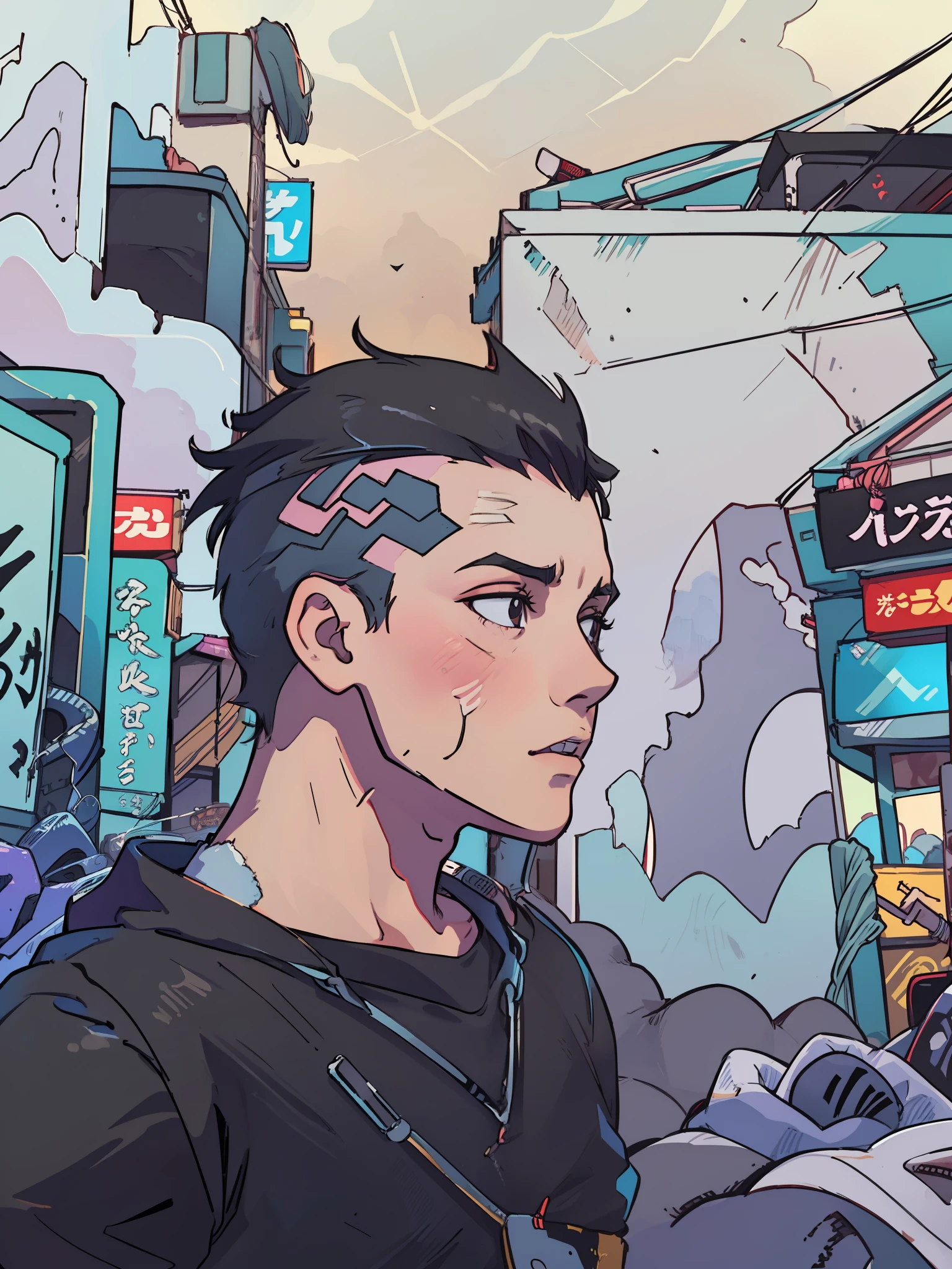 A 20-year-old boy with a Brazilian face and round chin without a beard, short gradient hair, crop haircut, black eyes, no pimples on his face and a black T-shirt with Japanese print written tokyo drift. It's on a night in the alleys of the streets of Tokyo in a cyberpunk style setting, 4k, 2d anime