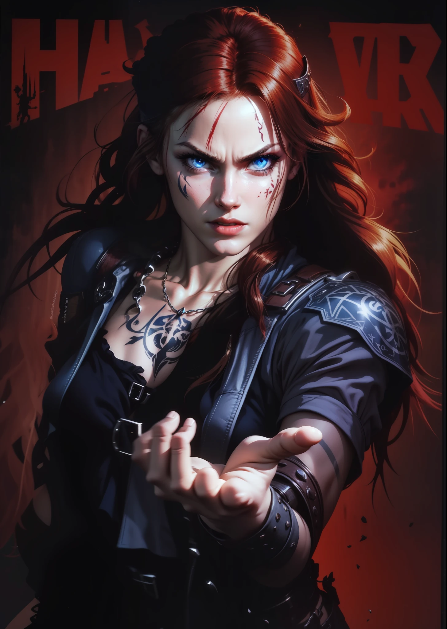 Boadicea, Red-haired Viking Undead warrior with gothic armor and rune tattoos on her face and blooming blue eyes, 4k