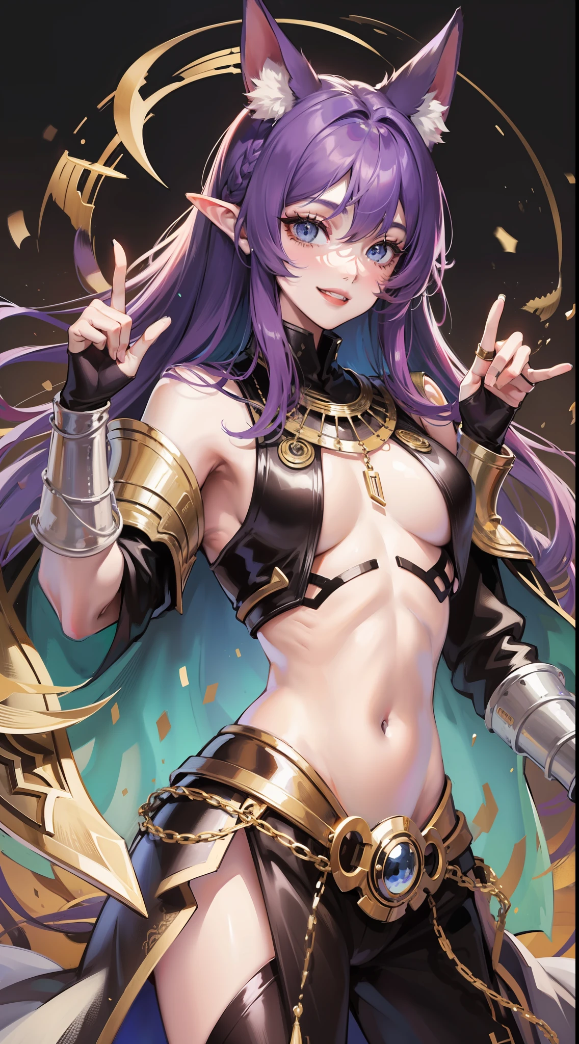 Young ebony boy, long purple hair, jackal ears, blue eyes, pharaoh's clothes, smile, open torso, masterpiece, high quality