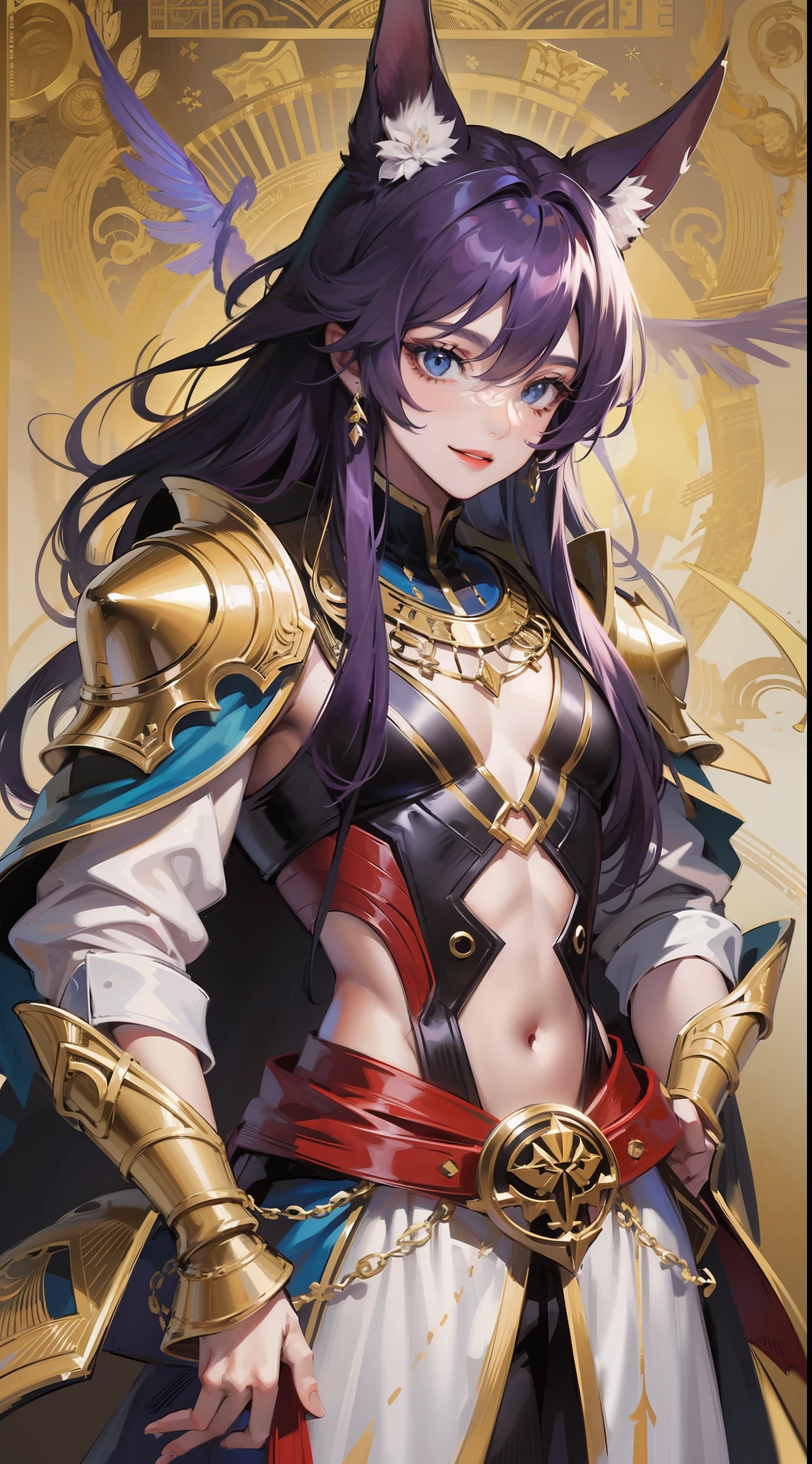 Young ebony boy, long purple hair, jackal ears, blue eyes, pharaoh's clothes, smile, open torso, masterpiece, high quality