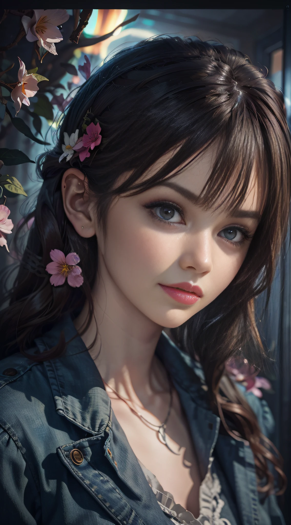 Flowers have reopening day, no more youth, surrealist female portraits by David Hockney and Alphonse Mucha, fantasy art, photorealism, dynamic lighting, artstation, poster, volumetric lighting, very detailed faces, 4k, award-winning, 1girl, in the dark, deep shadows, low-key, denim photos, (formal wear: 1.4), long hair, gray hair,