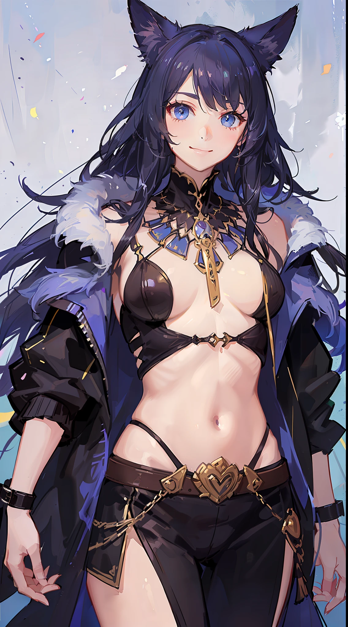 Young ebony boy, long purple hair, jackal ears, blue eyes, pharaoh's clothes, smile, open torso, masterpiece, high quality