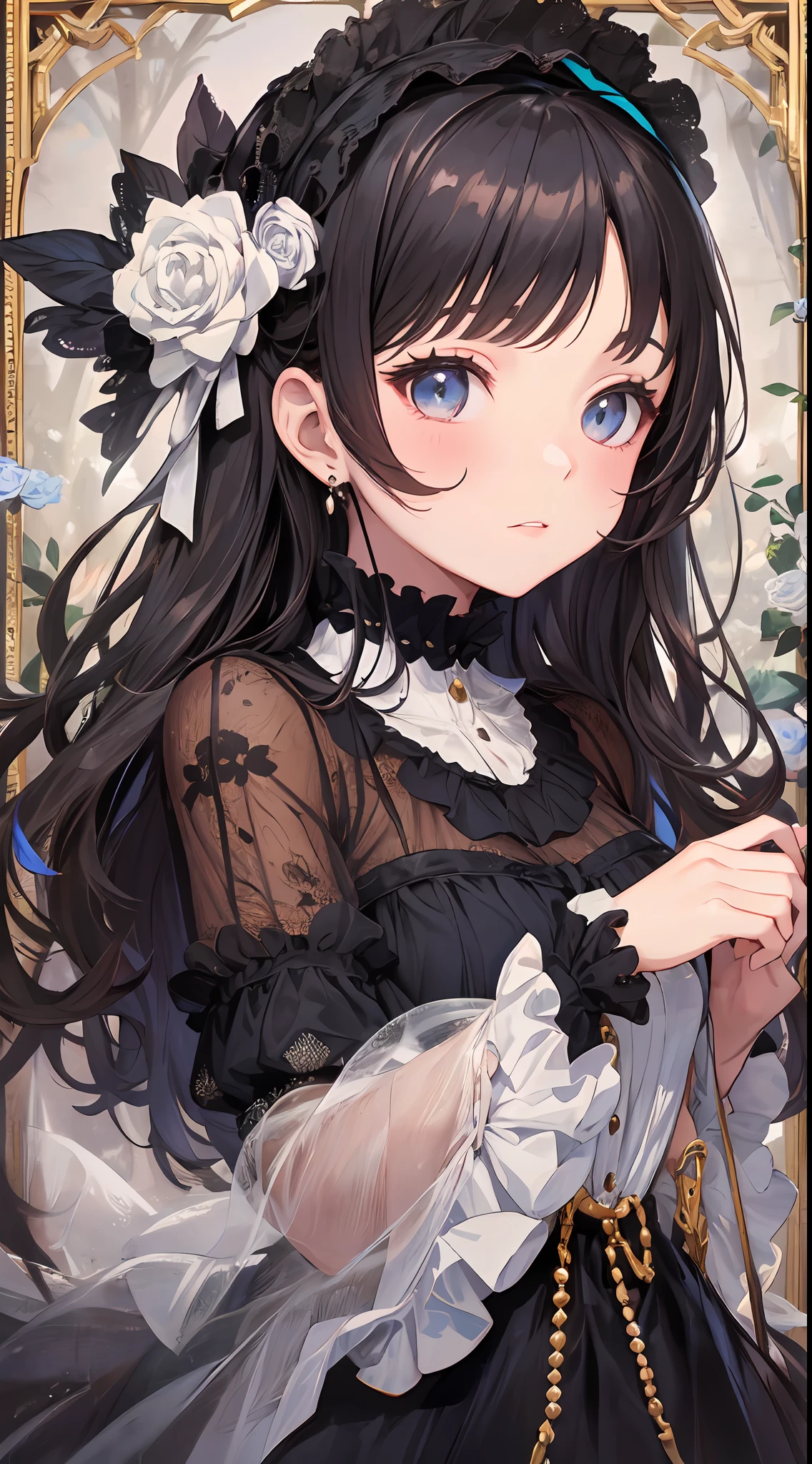 "What unfolds before my eyes is the presence of a born into a noble family of the world. She possesses ageless grace and innocence, but her excellence is noble Gothic Lolita fashion. It is the work of a hyperrealist artist, and her details are lovingly depicted.
Her outfit is a pure white and black dress, which is the essence of Gothic Lolita fashion. The texture of velvet and silk is realistically reproduced, and its unique luster sets her apart from her childhood Fine lace and ribbons, and rose embroidery is applied throughout the dress, all emphasizing her innocence.
On her head, there is a black bonnet, the outline of which is studded with small pearls. The elegant decoration beautifully frames her face. We are doing it at the time.
In her hands is a small black parasol, the details of which are decorated with lace and ribbons. Her elegant accents are depicted along with her innocence.
Their innocent eyes fascinate everyone who sees them, and they have the power to capture their hearts with their glimpses.
Her presence, whose gorgeous yet delicate presence, has the magical power to draw everyone in to the viewer. All of them are highly polished and reproduce images of the highest quality. Pure charm comes to the fore. This is the best masterpiece we have ever created, and its beauty and personality will never surpass it."