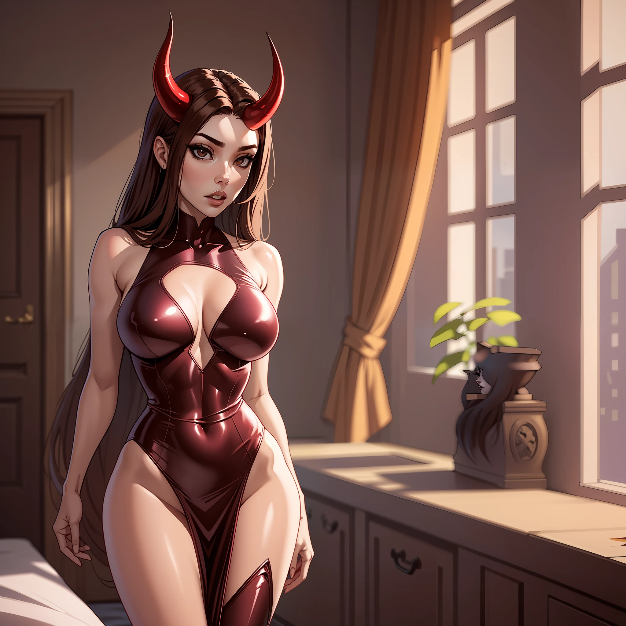 Hot woman, long hair, red bodysuit dress,sexy, inside room, brown hair, brown eyes, demon horn, demon tail