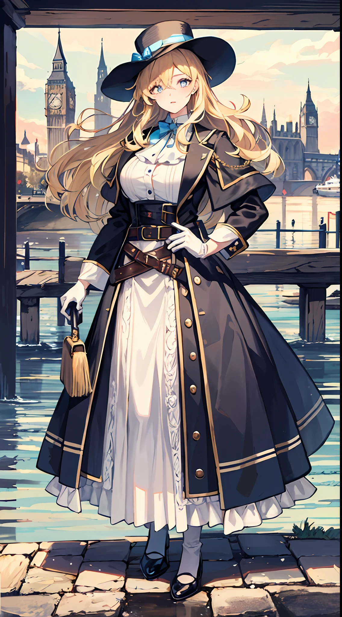 A mature woman, English lady, big waves of blonde hair, blue pupils, huge hat with brimm, blue-gray coat, belt, black stockings, white gloves, at dusk, outdoors, riverside, London, back photo, holding an old-fashioned musket