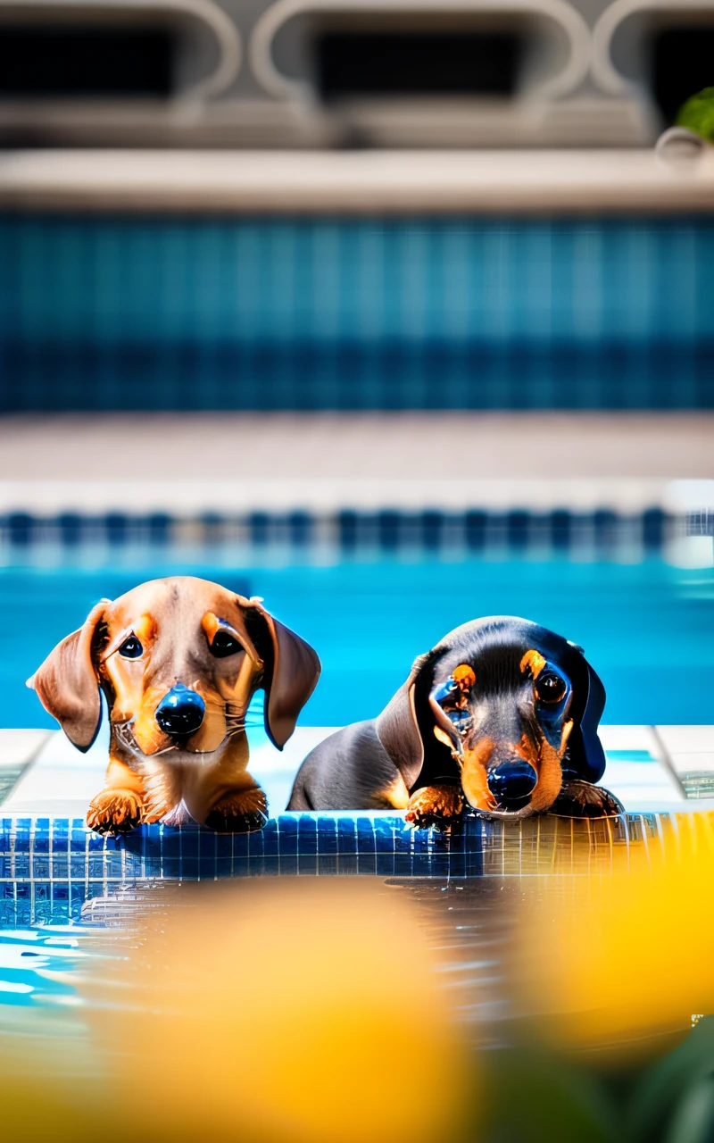 hyper Quality,Cute two Dachshund puppies,different body colors,swimming in the pool,barking,narrow eyes,smile,eos r3 28mm