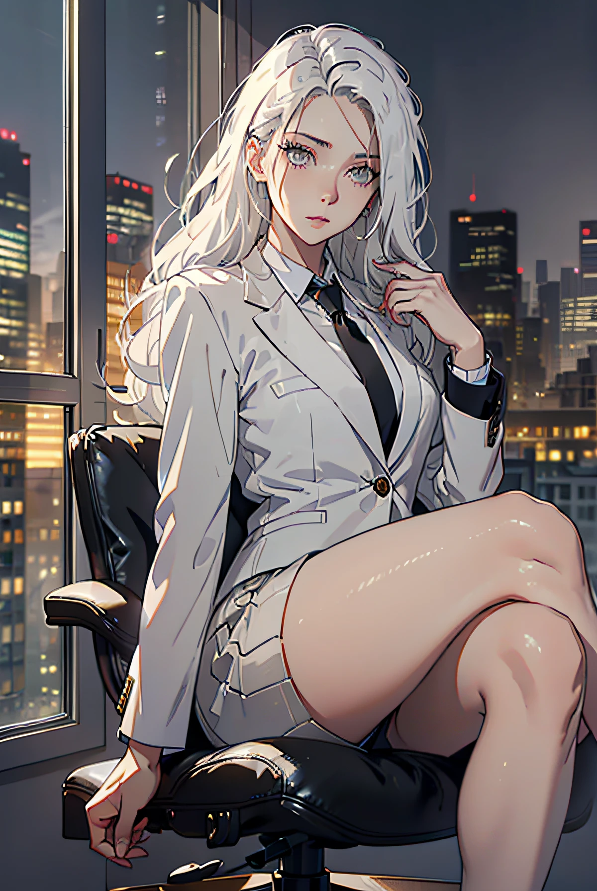Woman wearing business outfit, formal blazer, white blouse, heels, black high waist business skirt, beautiful, masterpiece, best quality, extremely detailed face, perfect lighting, nice hands, perfect hands, (white hair:1.2), long hair, (grey eyes:1.2), slender build, long legs, thin, medium breasts, business woman, ceo, sitting in luxurious black leather office chair, giant modern window with view of nighttime city skyline in background