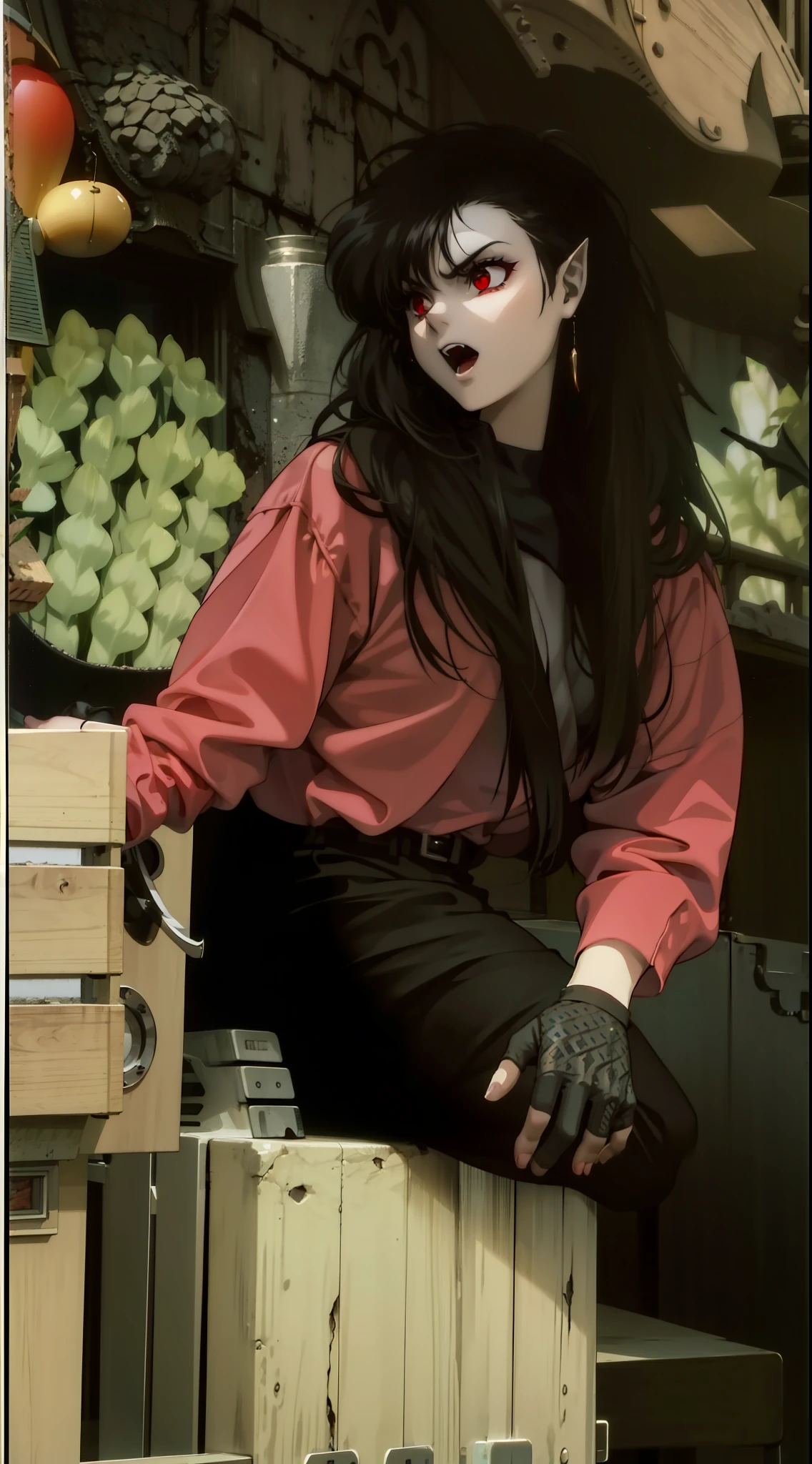 Girl,pointy ears,red eyes,dressed in armor,vampire,4k,black hair