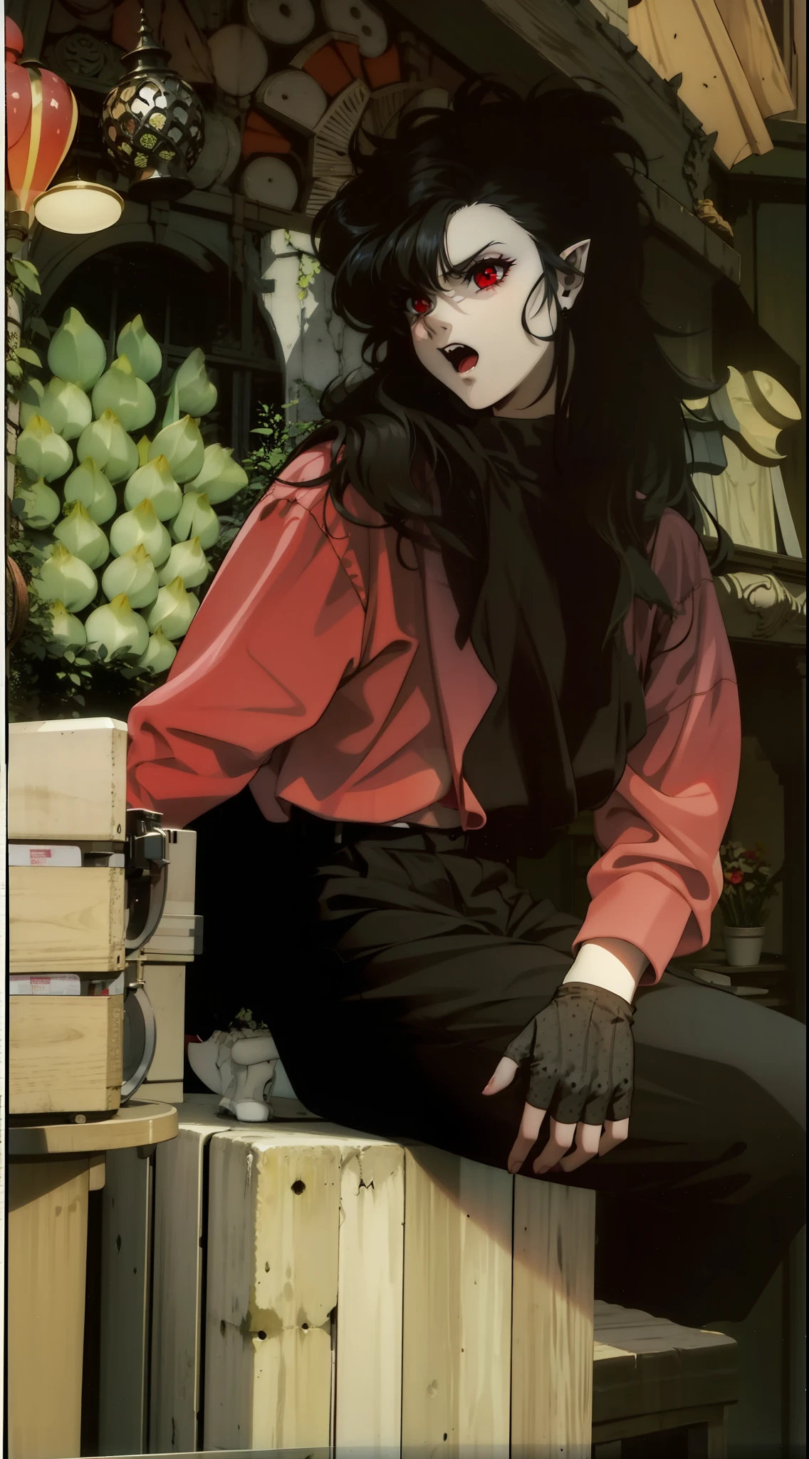 Girl,pointy ears,red eyes,dressed in armor,vampire,4k,black hair