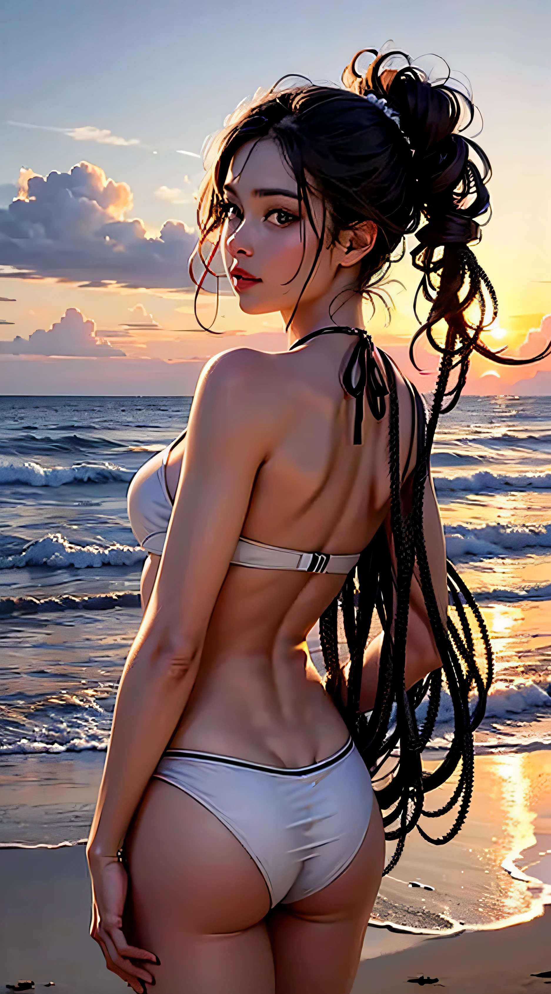 "Masterpiece, realistic, high quality, beautiful black Brazilian girl with black curly hair, in a white bikini, with her back in the beach area looking at the sunset in the sea" --auto