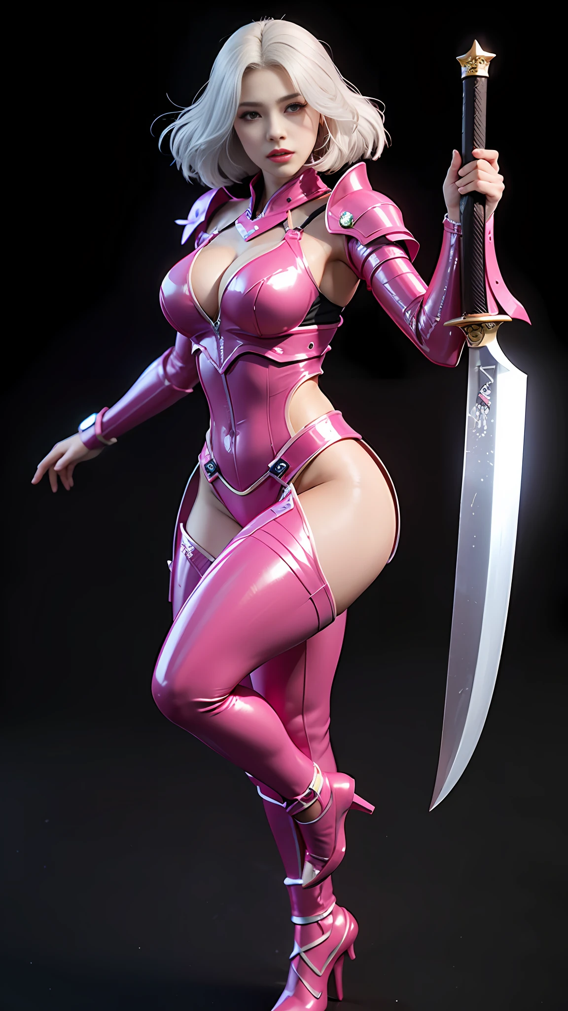 A woman holding a sword in a pink latex costume, clear eyes, symmetrical eyes, dark eye shadow, smooth pink armor, katana zero video game character, pink iconic character, streamlined pink armor, pink body, 3 D rendered character art 8 K, portrait of Ninja Dragon Kenden girl, extremely detailed Artgerm, anime character; Full body art, sharp silver armor fuchsia skin, Rostelland 8 K, pink skin