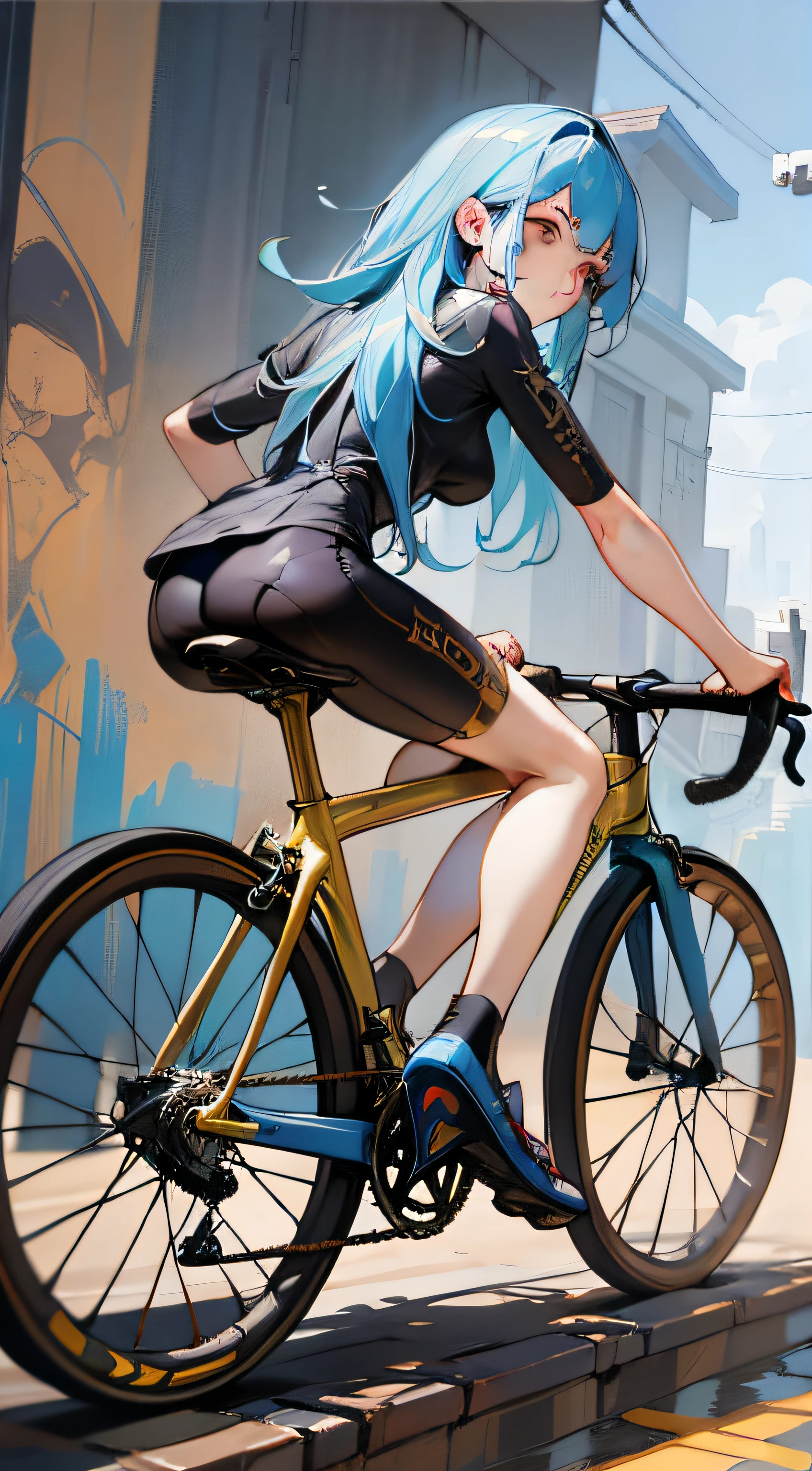 beautiful painting of a beautiful cyclist in anime style, with vibrant colors, highly detailed, Beautiful face and full body Summer Day, by Tim Okamura, Victor Nizovtsev, Greg Rutkowski, Noah Bradley. trending on artstation, 8k, masterpiece, graffiti painting, fine details, full of color, intricate details, golden ratio illustration,