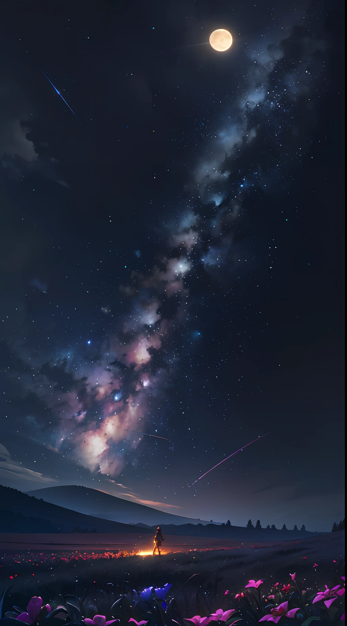 expansive landscape photograph, (Look below.), Above is the sky, Below is an open field), A girl standing on a flower field looking up, (Full Moon: 1.2), (Meteor: 0.9), (Nebula: 1.3), distant mountain, Tree BREAK making art, (Warm light source: 1.2), (Firefly: 1.2), lights, Lots of purple and orange, complicated detail, volume lighting, Realism BREAK (Masterpiece: 1.2), （best quality）, Ultra-detailed, (Dynamic composition: 1.4), RAWExtremely detailed, Colorful details, (Rainbow colors: 1.2), (glowing lighting, atmospheric lighting), Dreamlike, Magical, (Solo: 1.2), 4k --auto --s2