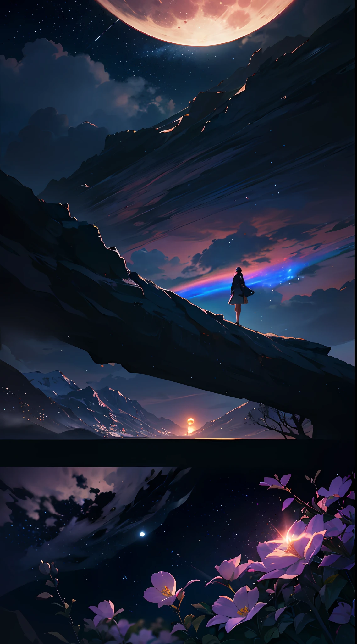 expansive landscape photograph, (Look below.), Above is the sky, Below is an open field), A girl standing on a flower field looking up, (Full Moon: 1.2), (Meteor: 0.9), (Nebula: 1.3), distant mountain, Tree BREAK making art, (Warm light source: 1.2), (Firefly: 1.2), lights, Lots of purple and orange, complicated detail, volume lighting, Realism BREAK (Masterpiece: 1.2), (best quality), Ultra-detailed, (Dynamic composition: 1.4), RAWExtremely detailed, Colorful details, (Rainbow colors: 1.2), (glowing lighting, atmospheric lighting), Dreamlike, Magical, (Solo: 1.2), 4k --auto --s2
