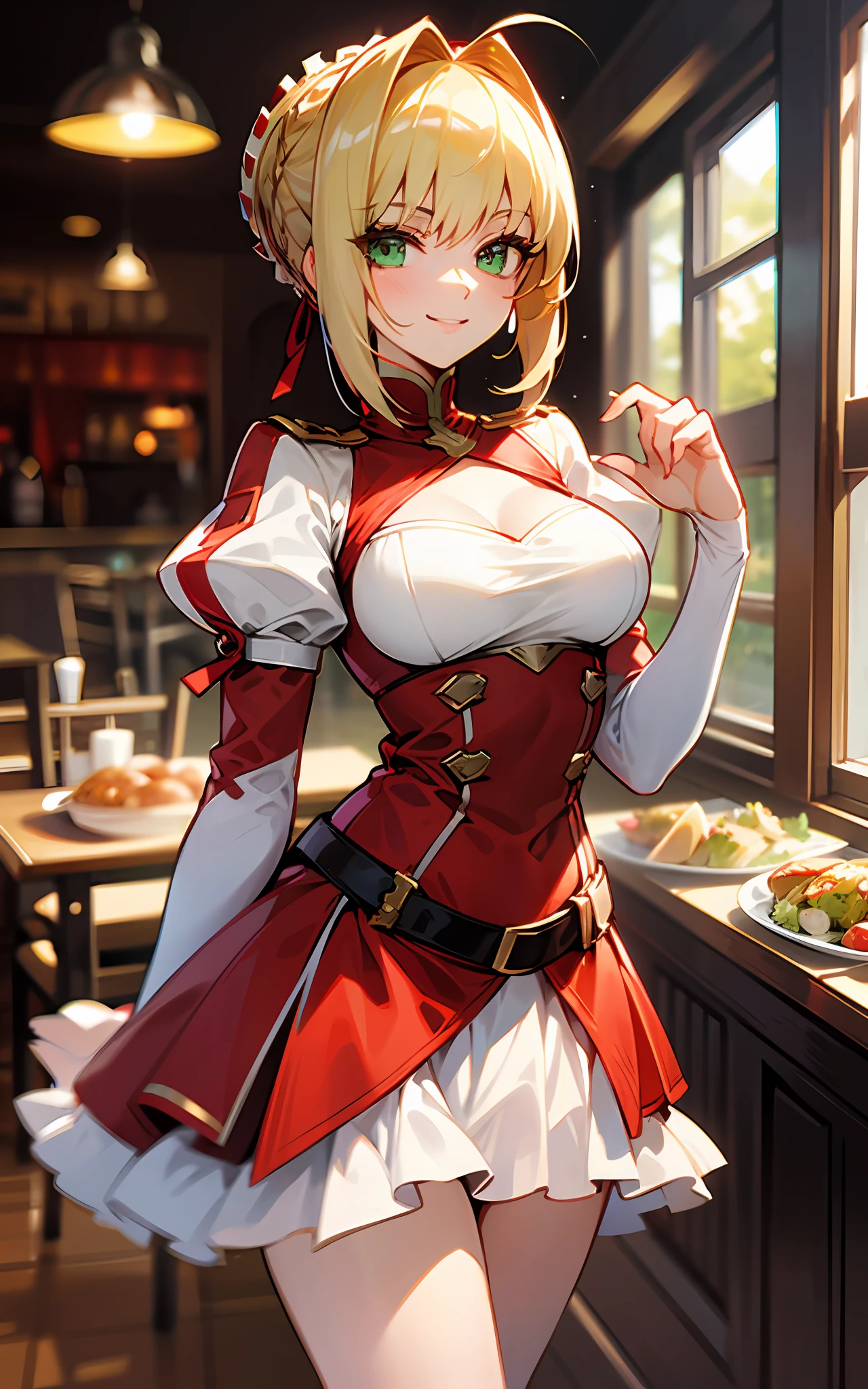 Top quality, 8K, 4K, high definition, details, Nero Claudius, FGO, woman, family restaurant, red costume, smile,