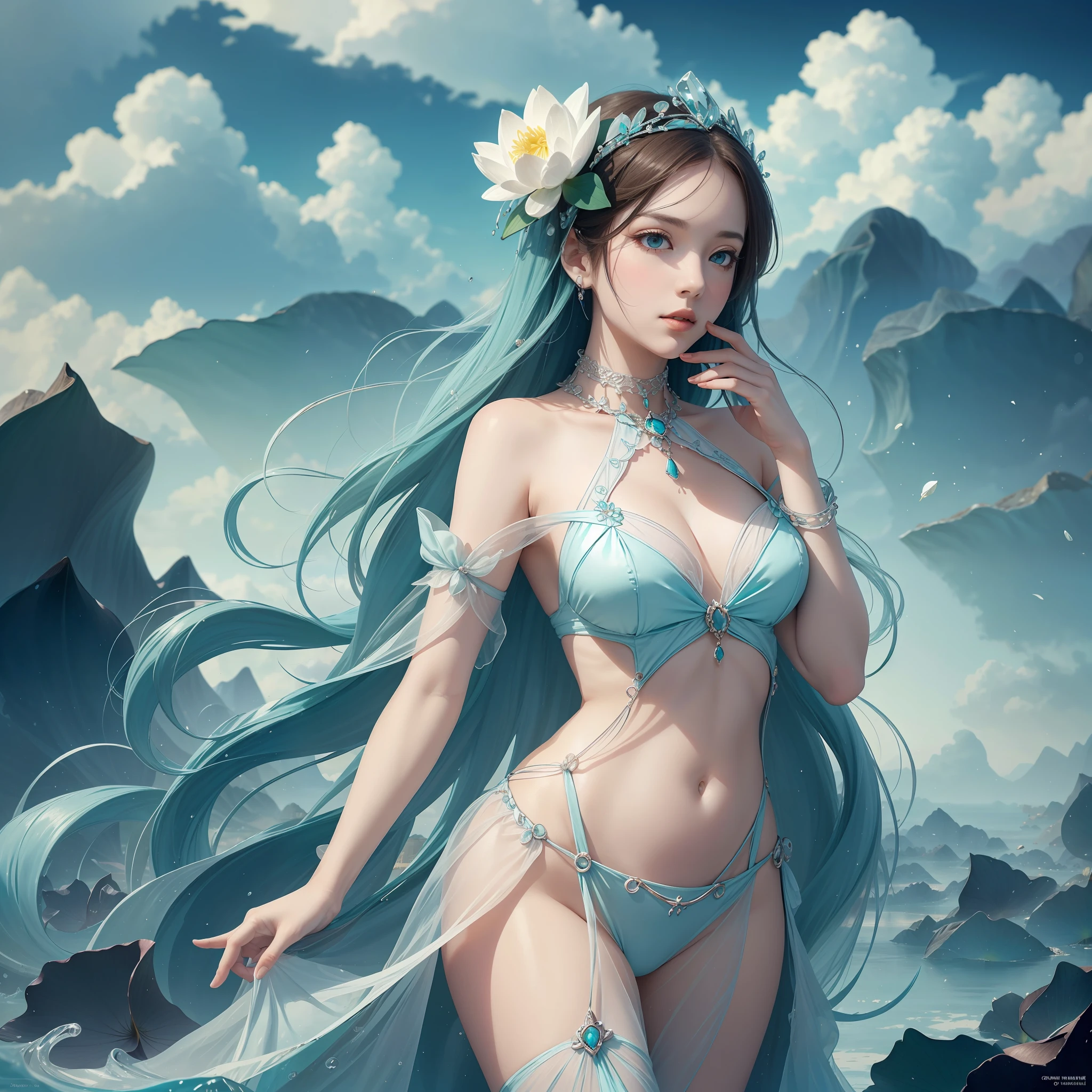 Blooming lotus flowers stand up with turquoise stems, like a maiden looking into the distance, blue sky, white clouds and blue water, dream background, beauty, Surrealism, high detail, Futurism, Romanticism, Gothic art, Verism, UHD, best quality, super detail, highres