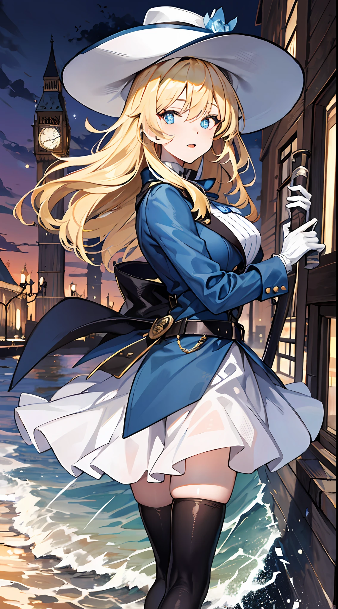 A mature woman, English lady, big waves of blonde hair, blue pupils, huge hat with brimm, blue-gray coat, belt, black stockings, white gloves, at dusk, outdoors, riverside, London, back photo, holding an old-fashioned musket