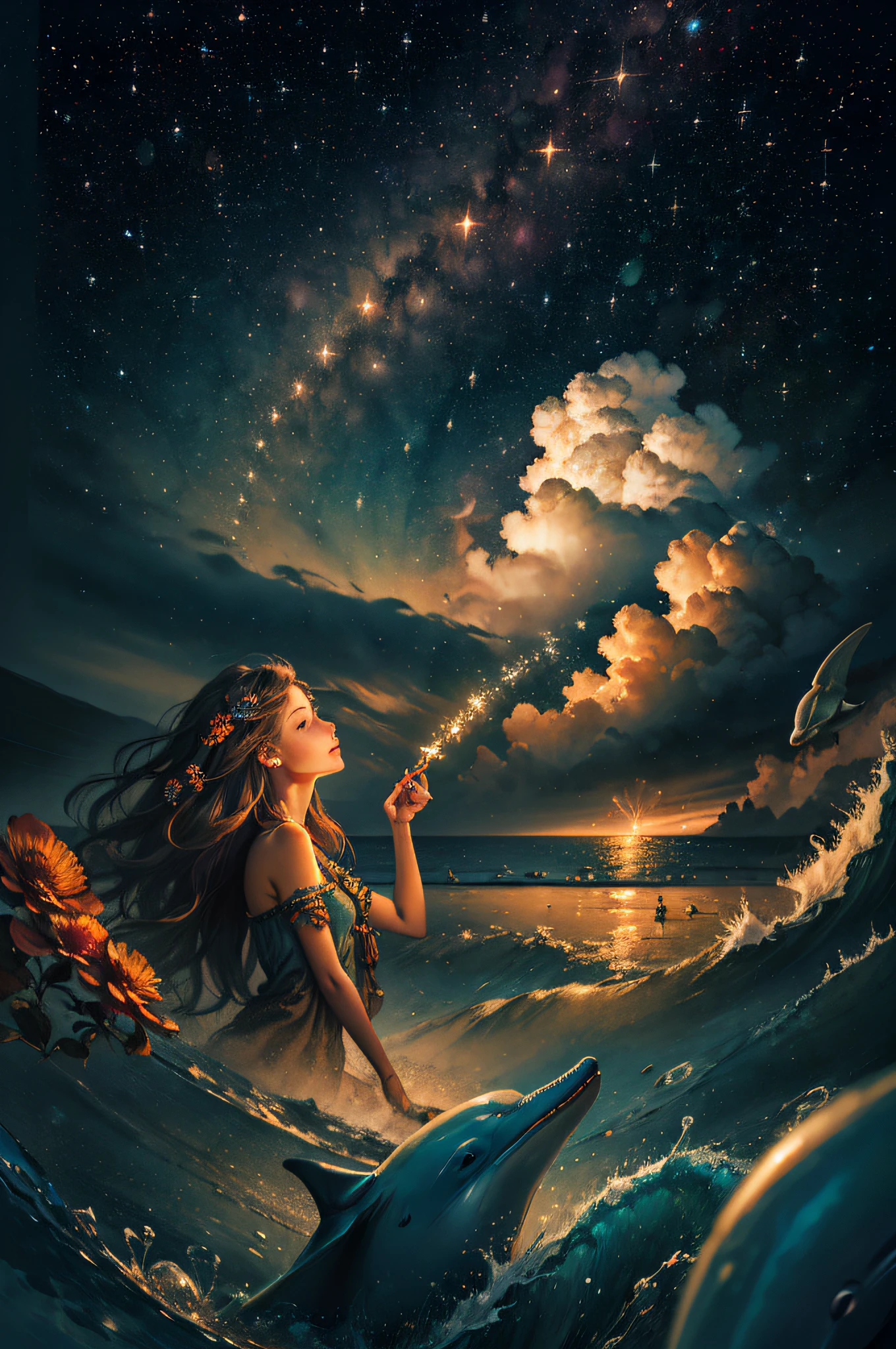 Semi-portrait, best quality, masterpiece, ultra high resolution, (photo photorealistic:1.4), surrealism, fantastic,
1 girl, ridiculous long hair, starry sky, night, stars, flower, waves, dolphin, mysterious atmosphere, perfect face