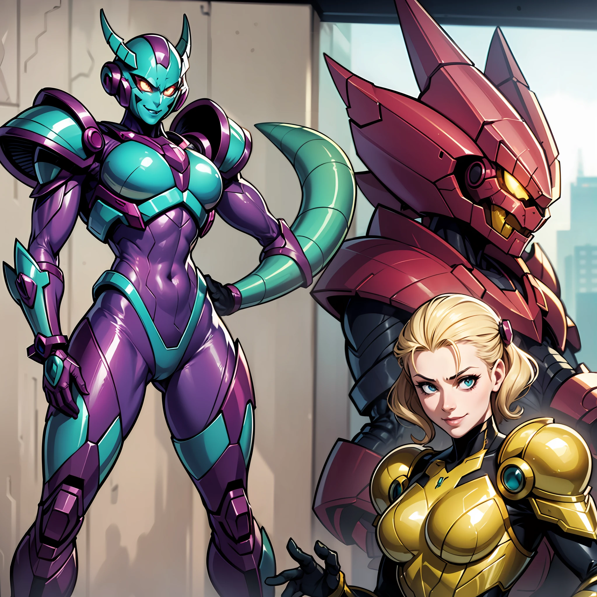 Hot insect shell woman, Guyver style, evil smile, scaraber reploid, bellows tail, cel shade adult animation, alien queen, metroid suit