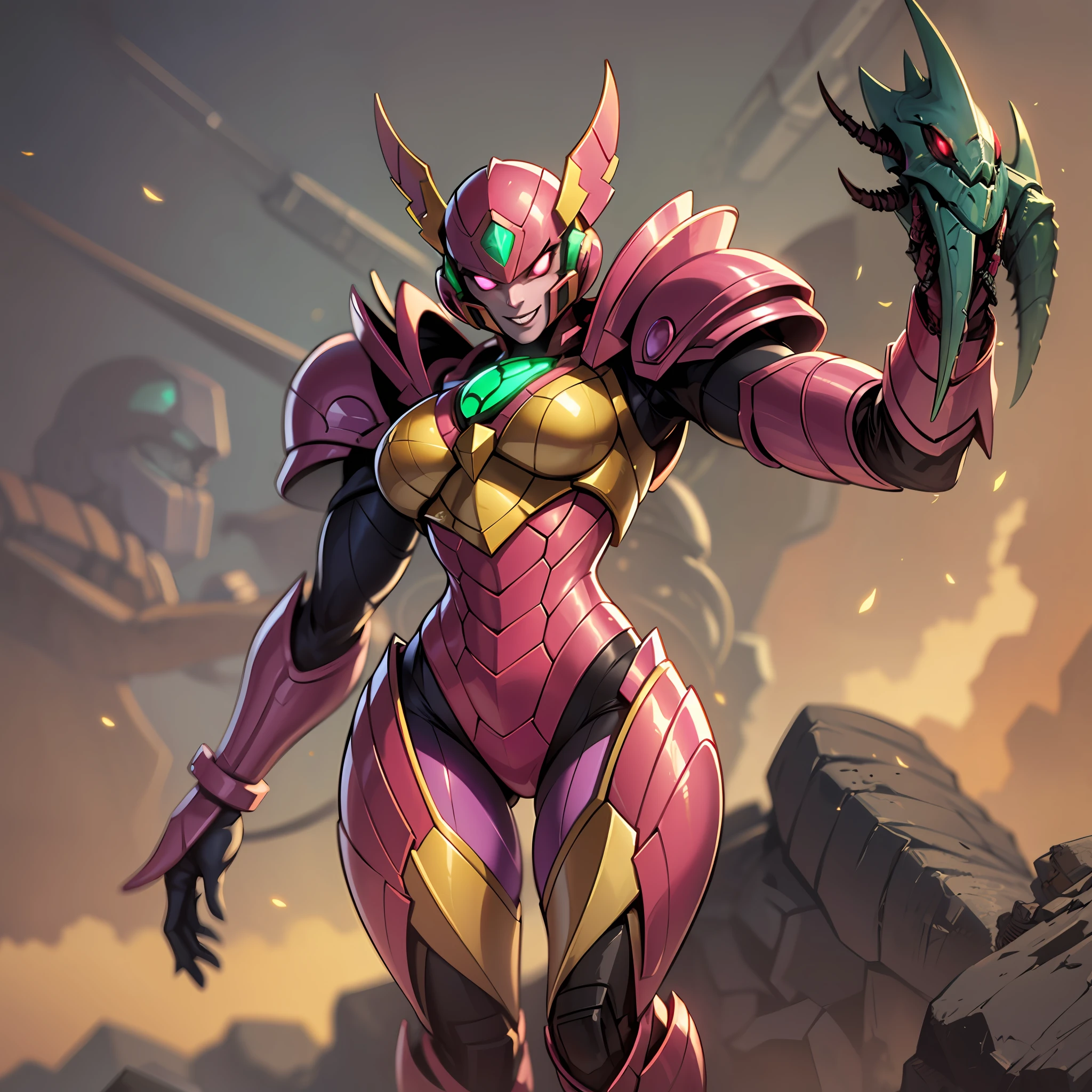 Hot insect shell woman, Guyver style, evil smile, scaraber reploid, bellows tail, cel shade adult animation, alien queen, metroid suit
