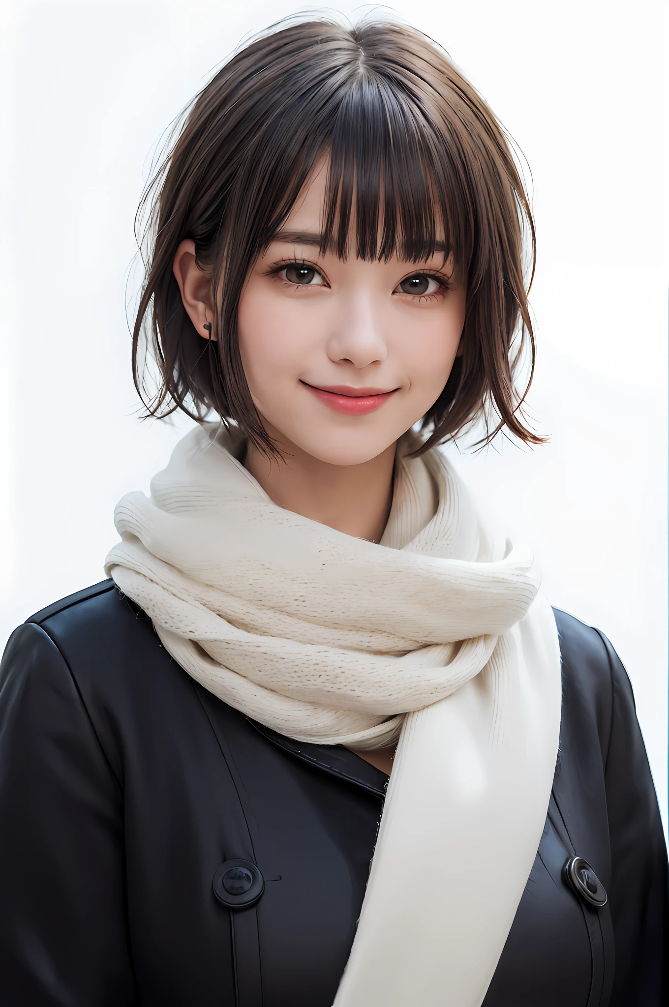 (masterpiece, best quality),1 girl, solo, black hair, scarf, hat, real, real, look at viewer, light colored black eyes, short hair, brown coat, winter clothes, white scarf, lips, bangs, outdoors, closed mouth, upper body, big eyes, eyelashes, (((really nothing background, really pure white background)), (short hair with bangs, big eyes, big breasts, staring at the viewer, beautiful beauty, Ears out, long neck, smile a little, close your mouth and smile)))