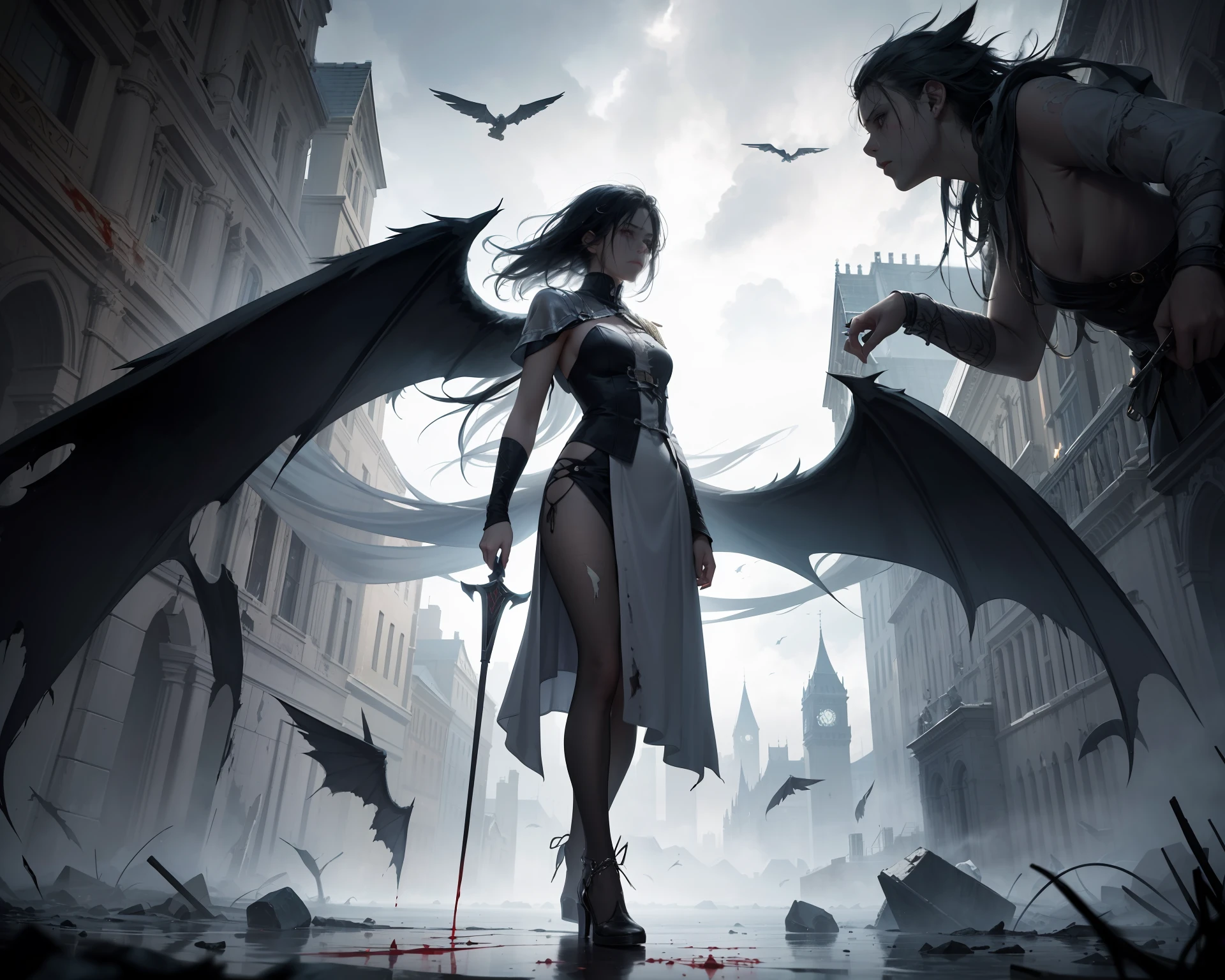 A full-body portrait of a girl wearing a white cloak, set in a scene of loneliness and darkness. The atmosphere is oppressive, as if weighted down by the burdens she carries. Her face is partially obscured as she gazes away, her expression reflecting a sense of solitude and melancholy. Her hair is disheveled and dirty, embodying the unkempt nature of her journey. The cloak is stained with blood, symbolizing the struggles she has endured. Behind her, ghostly wings emerge, ethereal and blurred, representing her shattered dreams and aspirations. In her hand, she holds a broken sword, a stark reminder of battles fought and lost. The overall composition portrays a haunting image of a forsaken soul in a desolate world. Executed with dark and muted tones, evoking a somber and introspective mood.