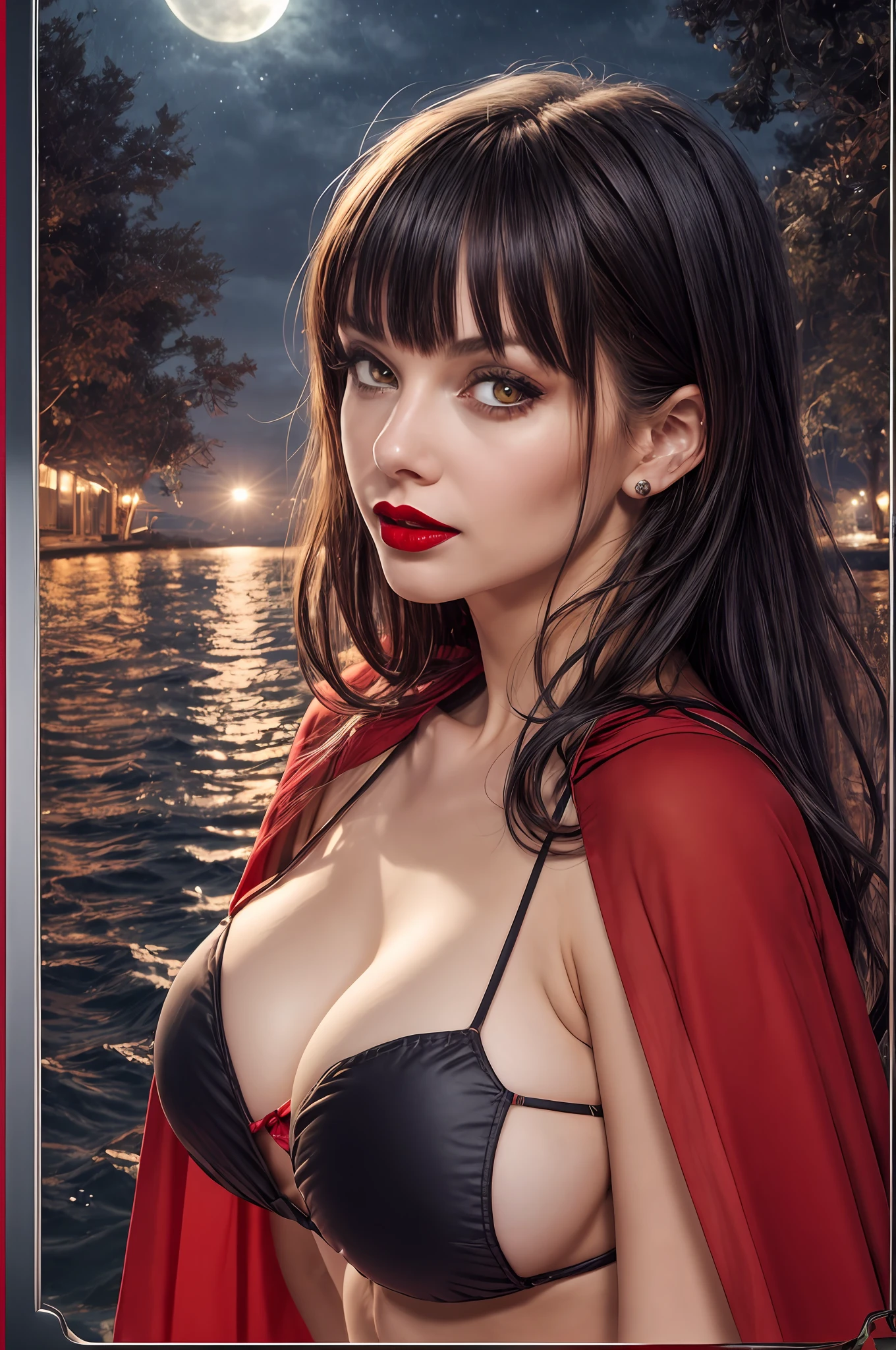 4K, sexy woman, black hair with bangs, red bikini, red lipstick, red cape, night scenery, full moon, heavy rain, blood lake.