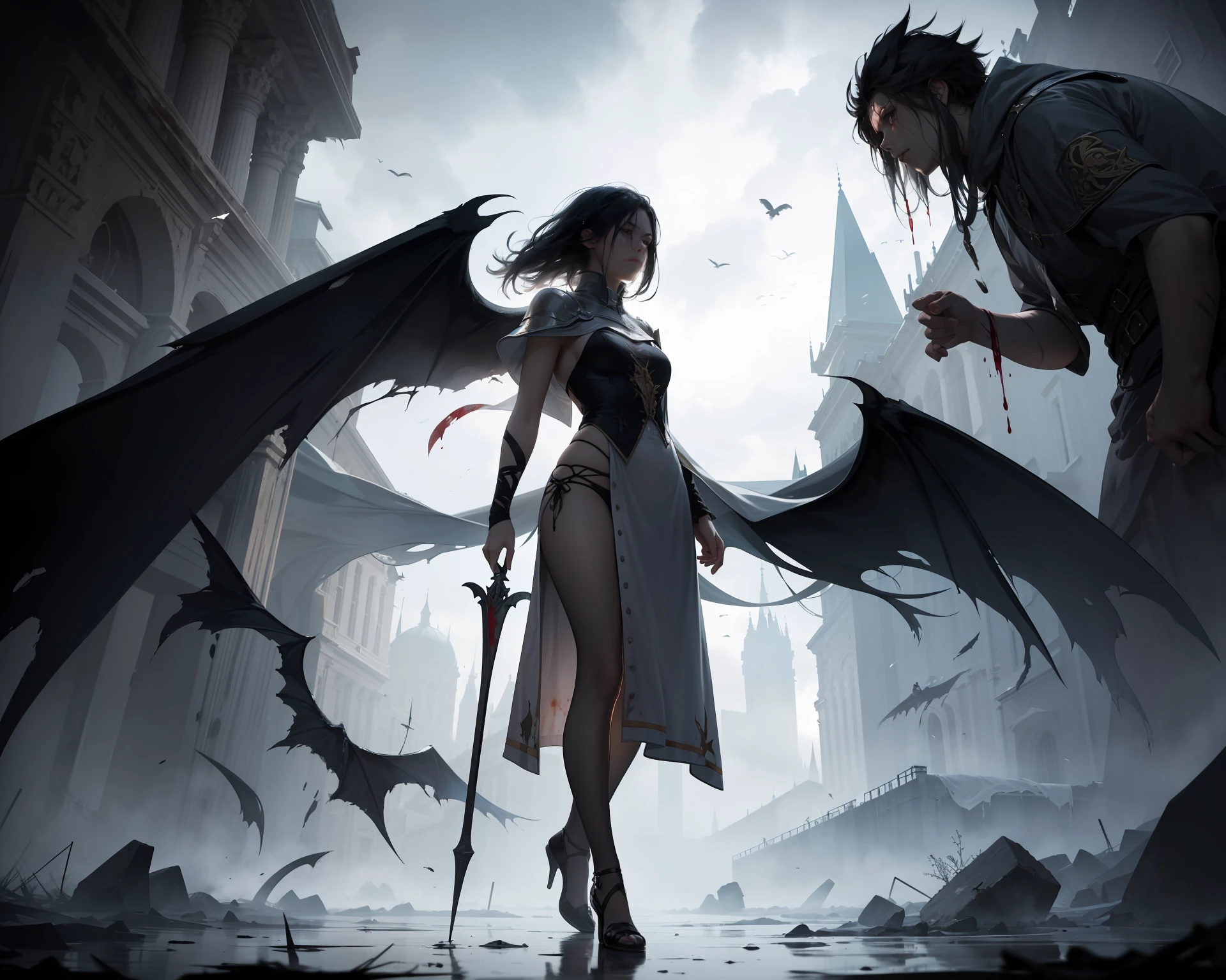 A full-body portrait of a girl wearing a white cloak, set in a scene of loneliness and darkness. The atmosphere is oppressive, as if weighted down by the burdens she carries. Her face is partially obscured as she gazes away, her expression reflecting a sense of solitude and melancholy. Her hair is disheveled and dirty, embodying the unkempt nature of her journey. The cloak is stained with blood, symbolizing the struggles she has endured. Behind her, ghostly wings emerge, ethereal and blurred, representing her shattered dreams and aspirations. In her hand, she holds a broken sword, a stark reminder of battles fought and lost. The overall composition portrays a haunting image of a forsaken soul in a desolate world. Executed with dark and muted tones, evoking a somber and introspective mood.