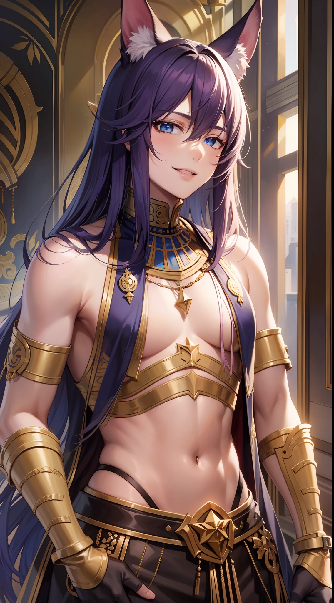 Young ebony boy, long purple hair, jackal ears, blue eyes, pharaoh's clothes, smile, open torso, masterpiece, high quality